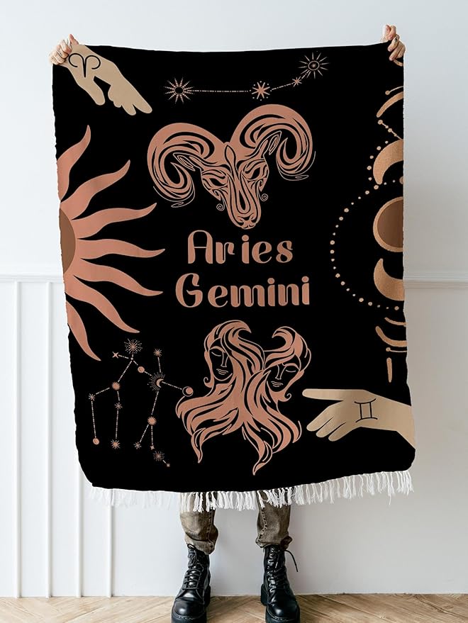 Throw Blanket, 100% Cotton Woven, Zodiac Compatibility Sign, Astrology Decor Woven Tapestry, Aries Gemini Horoscope Match 2-Inch Fringe Detail, Vintage Aesthetic Multiple Sizes 52 x 37
