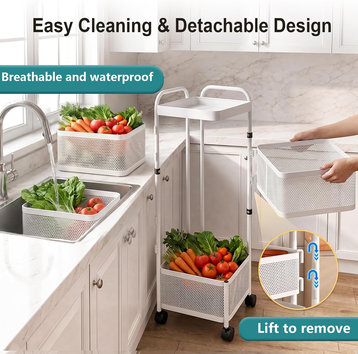 Rotating Kitchen Storage Rack, 4 Tier Rolling Cart with Fruit and Vegetable Basket, White Storage Organization Dolly Cart with Wheels for Bathroom, Kitchen and Bedroom