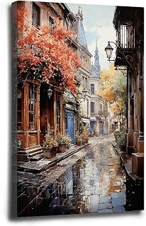 Parisian Street Canvas Wall Art Eiffel Tower & Café Terrace Scene Modern Farmhouse Decor for French Wedding and Haussmann Style Luxury Apartments 8x12in Wood Framed