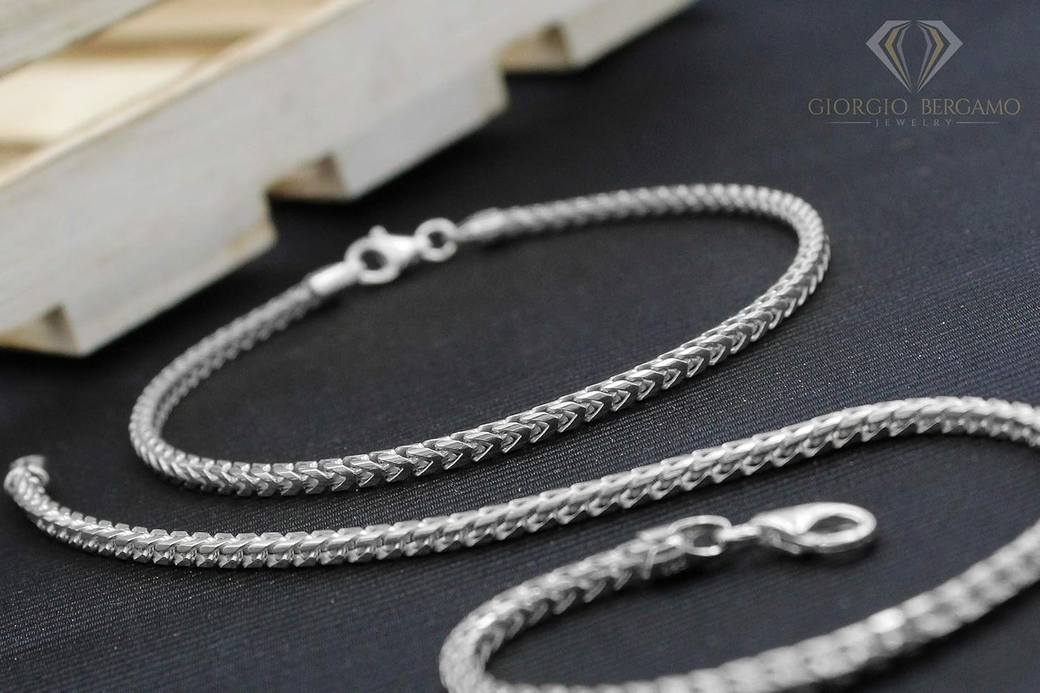 Giorgio Bergamo 925 Italian Sterling Silver 1mm - 5.5mm Solid Franco Chain, Rhodium Plated Square Box Link Necklace, Bracelet or Anklet