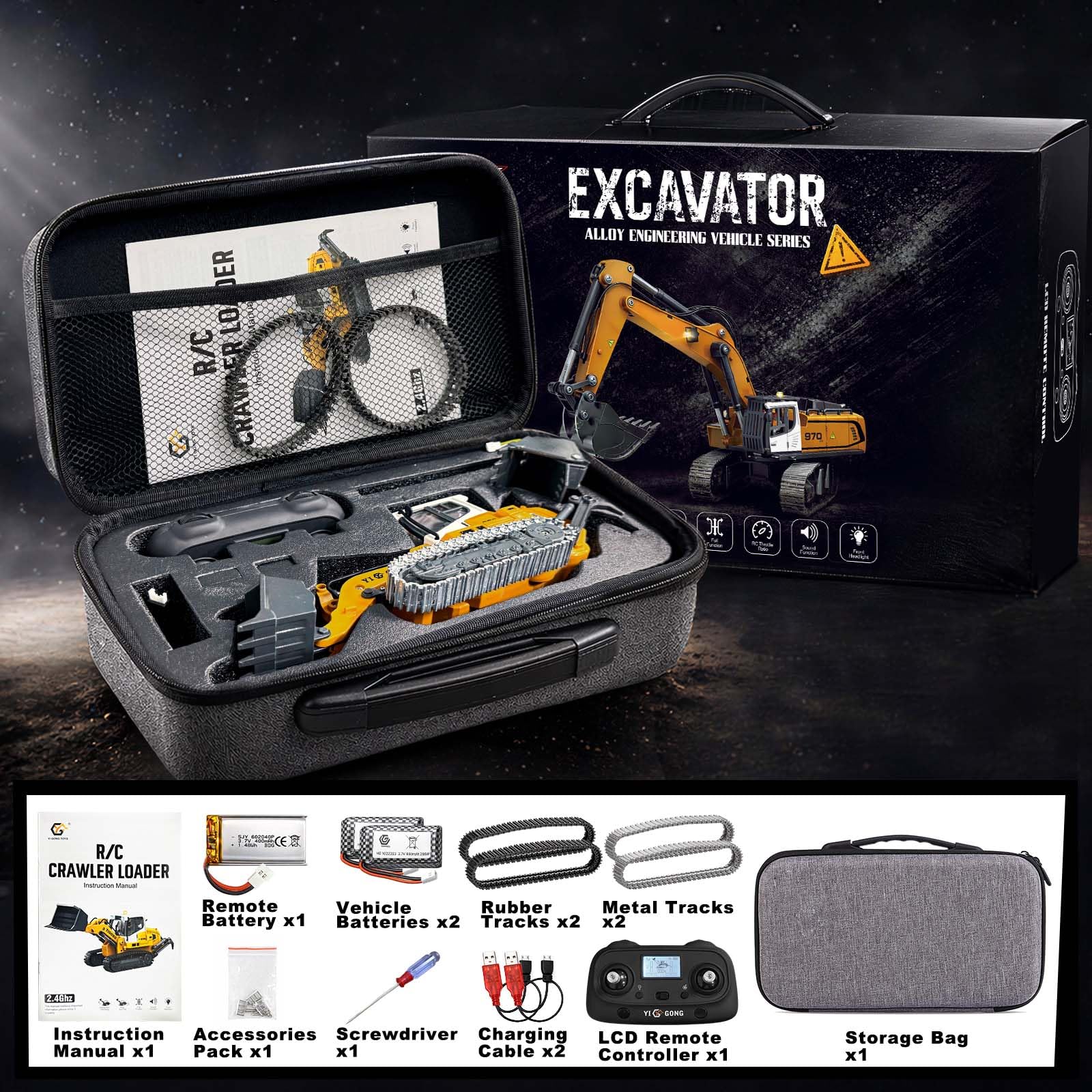 Bulldozer Teledirigido Profesional Mini 1:50 para Arena y Arenero, Cargadora RC de Orugas con Pala Metálica, Cadenas Metálicas, Mando LCD 2,4 GHz, Luces y Sonido, 2 Baterías