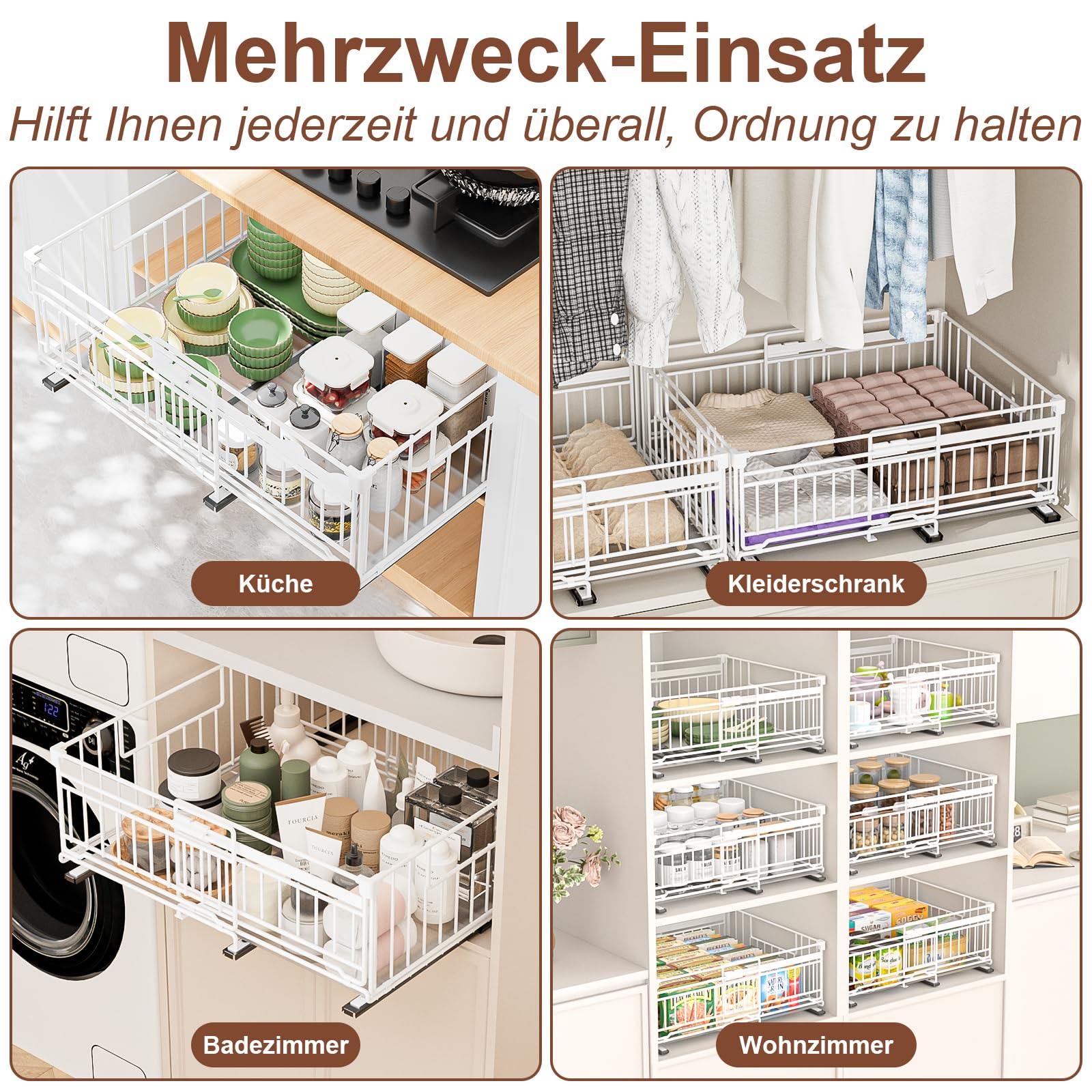 2 Stück teleskopschublade ausziehbare schublade küche mit Kleber,Ausziehbarer Schrank Organizer mit Schienensystem,32.5-50cm Verstellbare Breite teleskopschublade,Weiß