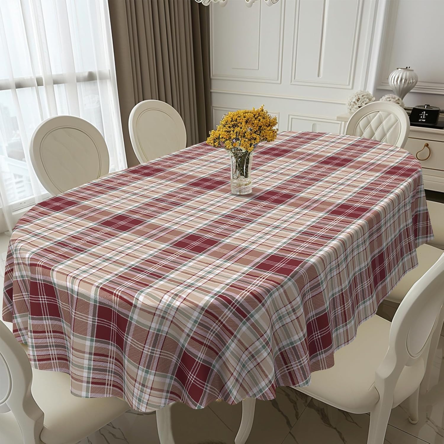 Oval Tablecloth, Waterproof Plaid Oval Table Cloth 60x84 Inch Washable Fabric Fall Christmas Table Cover for Kithchen Dining Decor