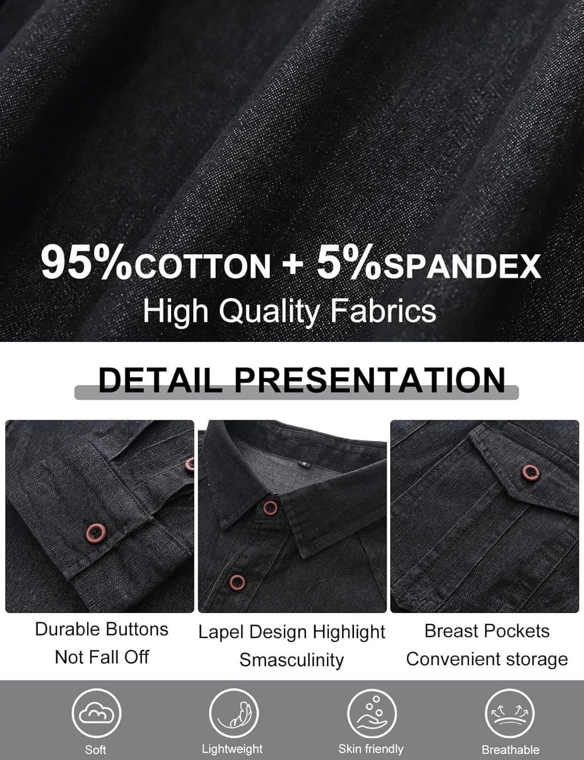 Kissonic Mens Denim Shirt Long Sleeve Slim Fit Jean Shirt for Men Button Down Causal Striped Denim Shirts - Image 6