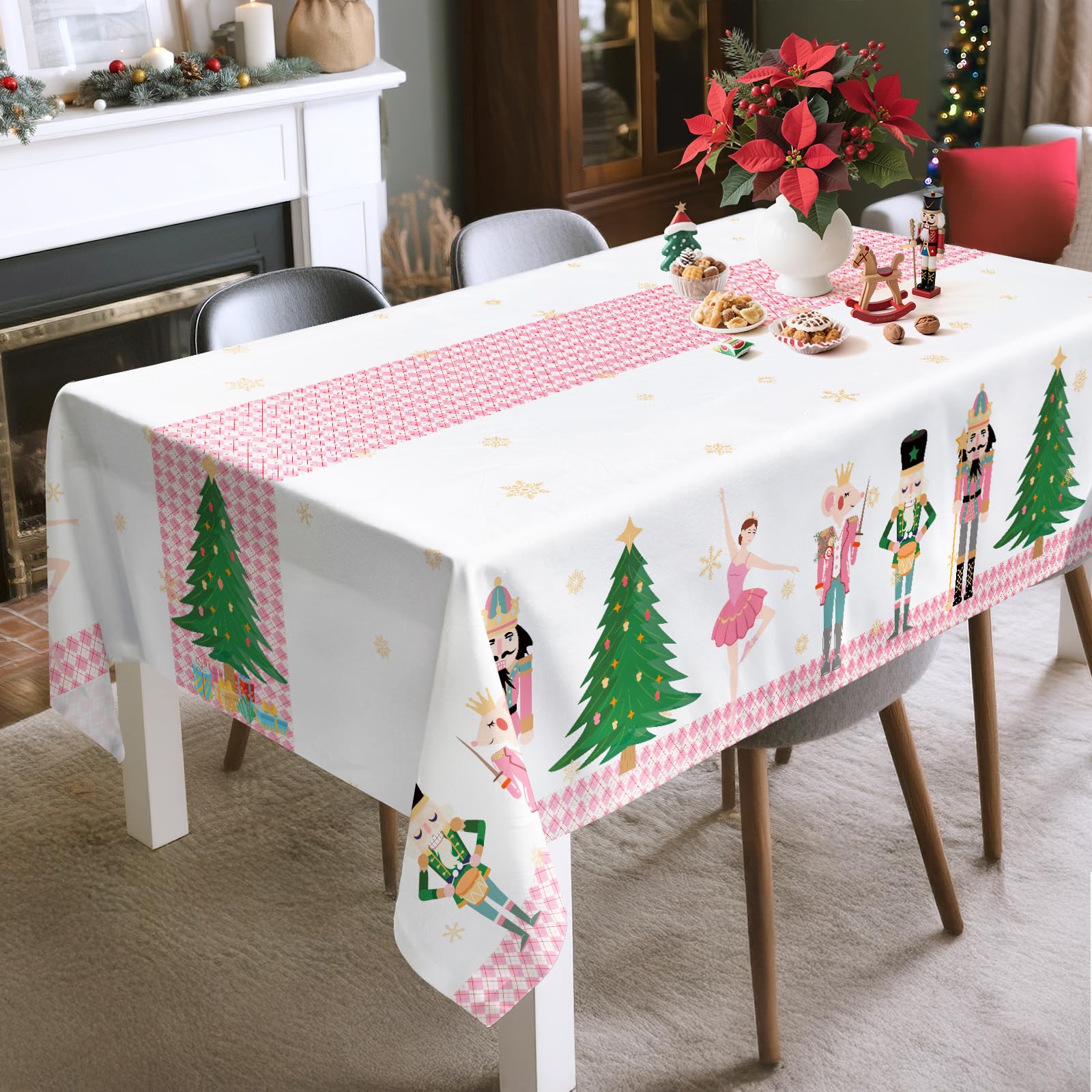 Tovaglia Natale Schiaccianoci Rosa Impermeabile, Tovaglie Rettangolare di Natale Resistente, Copritavolo Lavabile per Cucina Domestica Decorazione per Feste Autunno Inverno(152x304 Cm)