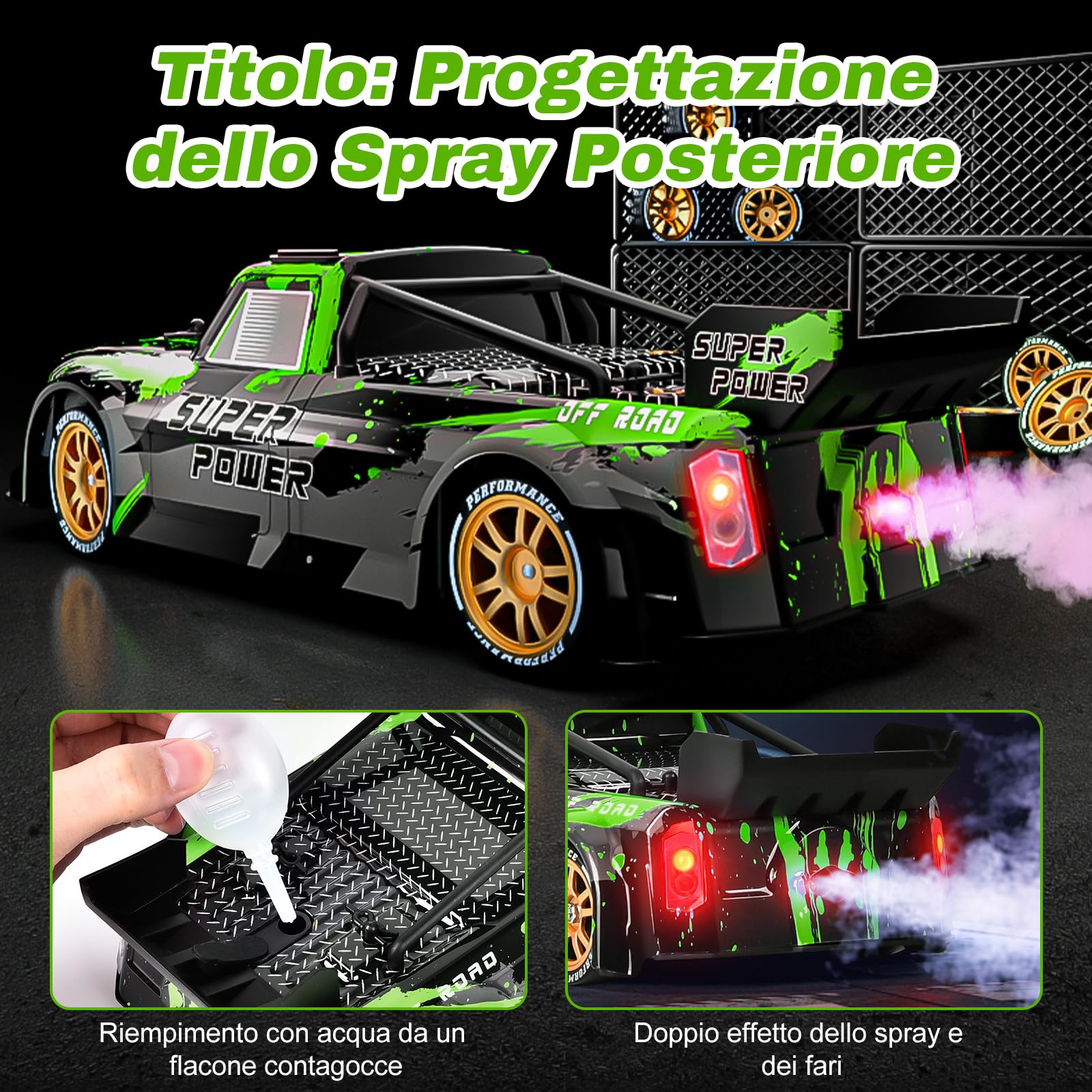Joellfuner Macchina Telecomandata Drift, 4WD 1:14 RC Drift Car, 25km/h Auto Telecomandata con Nebbia Spray e Luce LED, RC Deriva Race Auto Giocattolo per Bambini di Età Superiore agli 8 Anni (Verde)