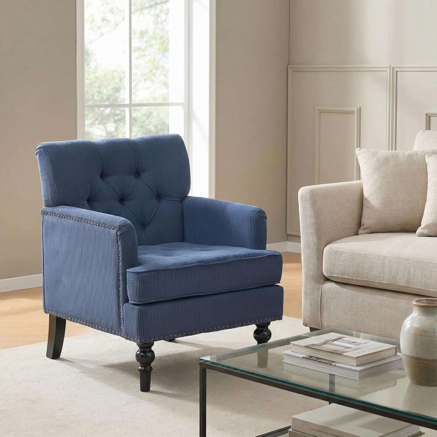 Tufted Club Chair, Accent Chair Upholstered Button Armchair with Lumbar Pillow, Linen Fabric Sofa Chairs for Bedroom Living Room, Mid Century Modern Reading Chair with Studded, Blue