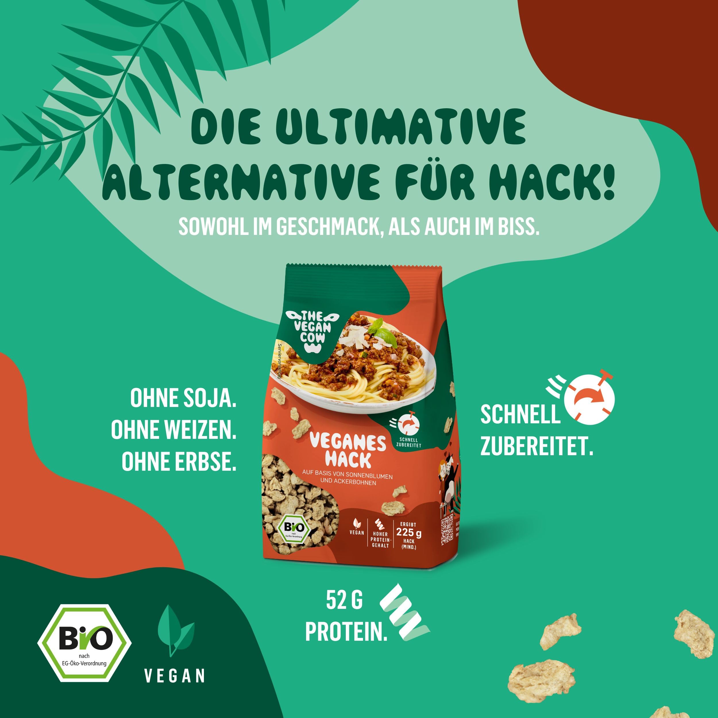 THE VEGAN COW - Veganer Bio-Fleischersatz - 75g (225g zubereitet) - doppelte Proteinquelle - TOP Qualität, Geschmack und Konsistenz - Allergenfrei und ohne Soja (2x75g, Veganes Hack und Schnetzel)