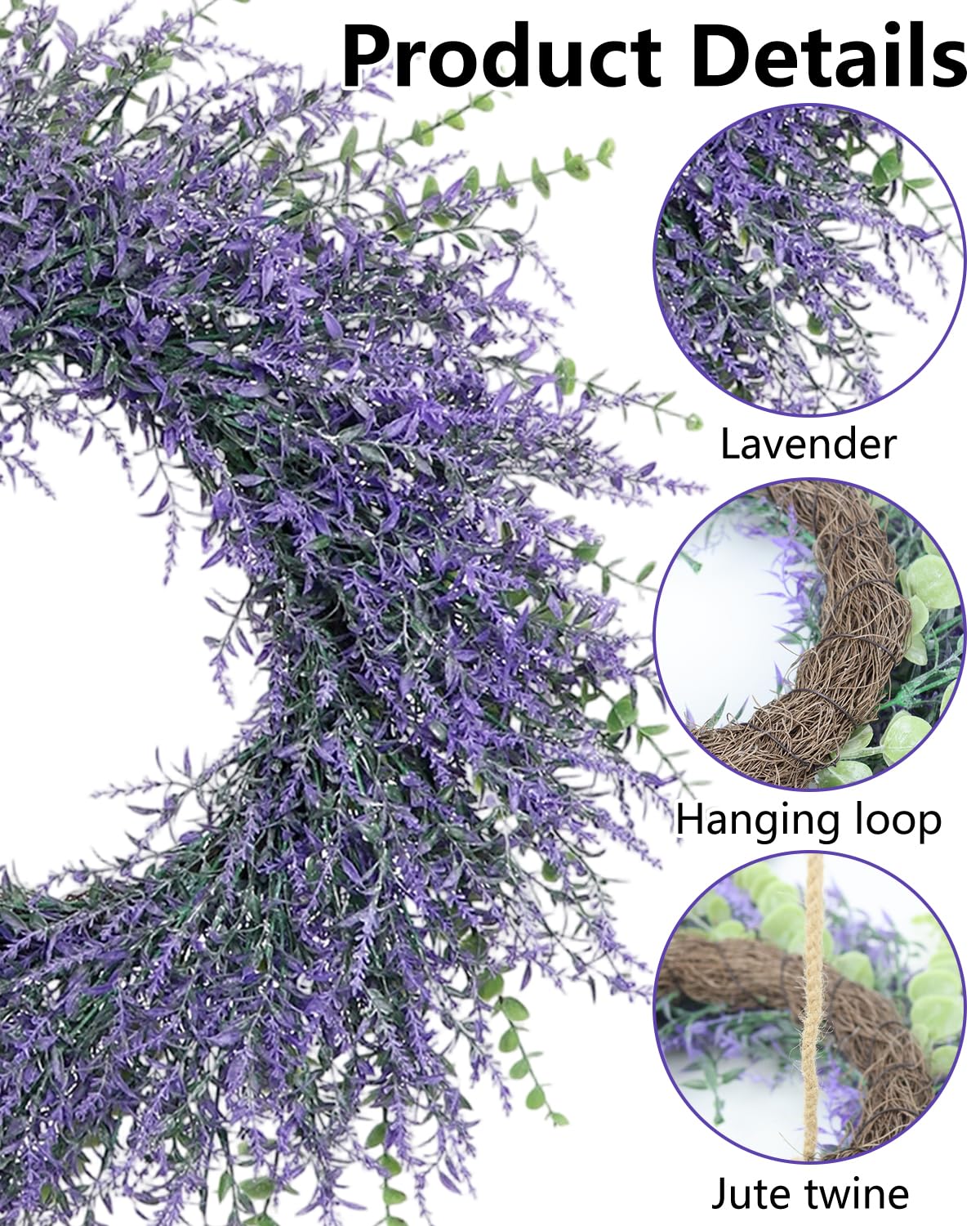 Ghirlanda per porta, 50 cm, ghirlanda di lavanda artificiale per porta d'ingresso, ghirlande primaverili ed estive, per tutte le stagioni, ghirlanda viola per matrimoni, San Valentino, feste in