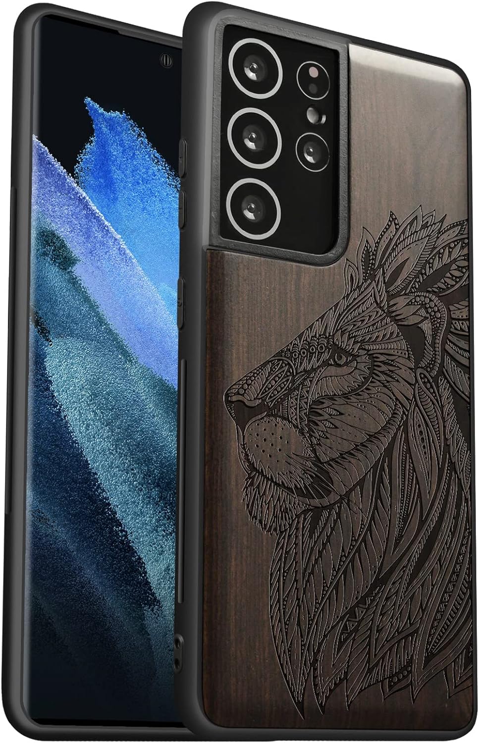 Carveit Wood Case for Galaxy S21 Case [Natural Wood & Black Soft TPU] Shockproof Hybrid Protective Unique Wooden Cover Compatible with Samsung S21 5G (Hand Drawn of Lion-Rosy)