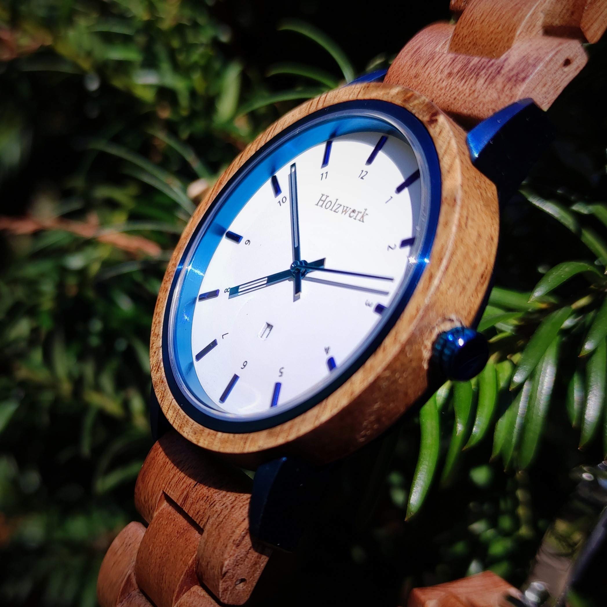 Holzwerk Germany Handgefertigte Designer Unisex Damen-Uhr Herren-Uhr Öko Natur Holz-Uhr Armband-Uhr Analog Klassisch Quarz-Uhr Braun Blau Weiß