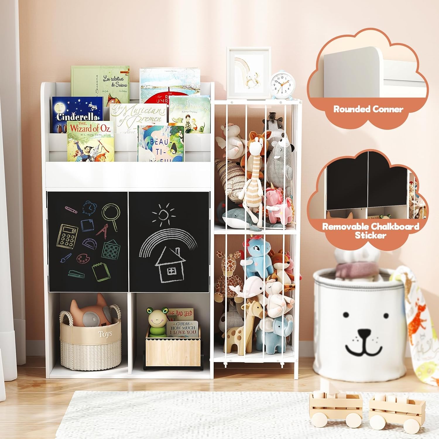 Wooden Bookshelf with Toy Storage Organizer White Storage Cubbies Chalkboards, 4 in 1 Tall Bookshelf for Kids with Stuffed Animal Net for Rooms Bedroom Playroom
