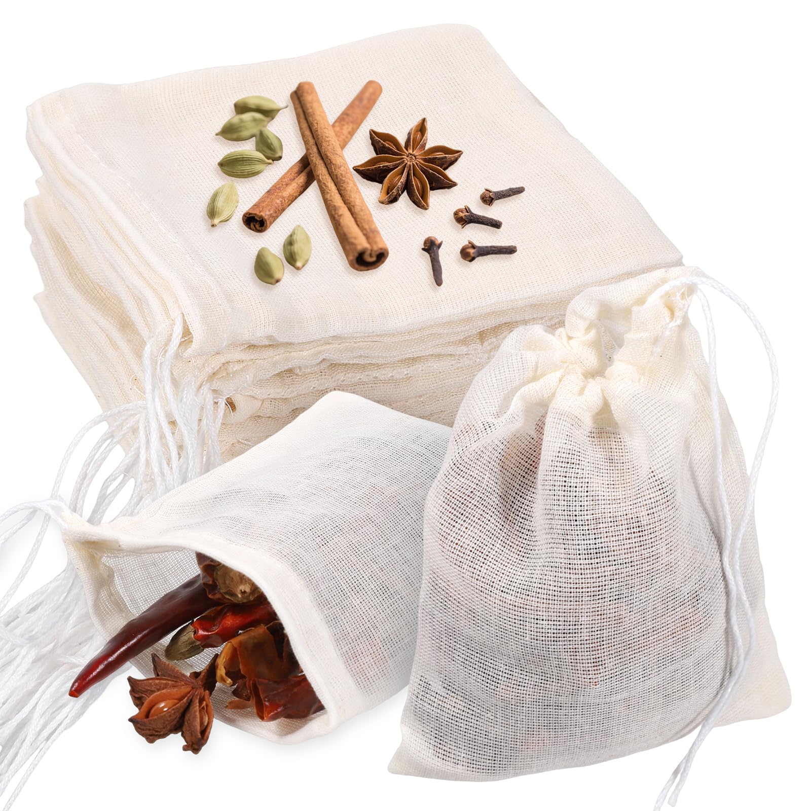 60 Pcs Drawstring Muslin Bags for Cooking 4x3 Inch Reusable Mesh Bags Loose Tea Cloth Bag Sachet Empty Spice Bags for Filtering Cooking Soups Herbal Teas Cold Brewed Coffee
