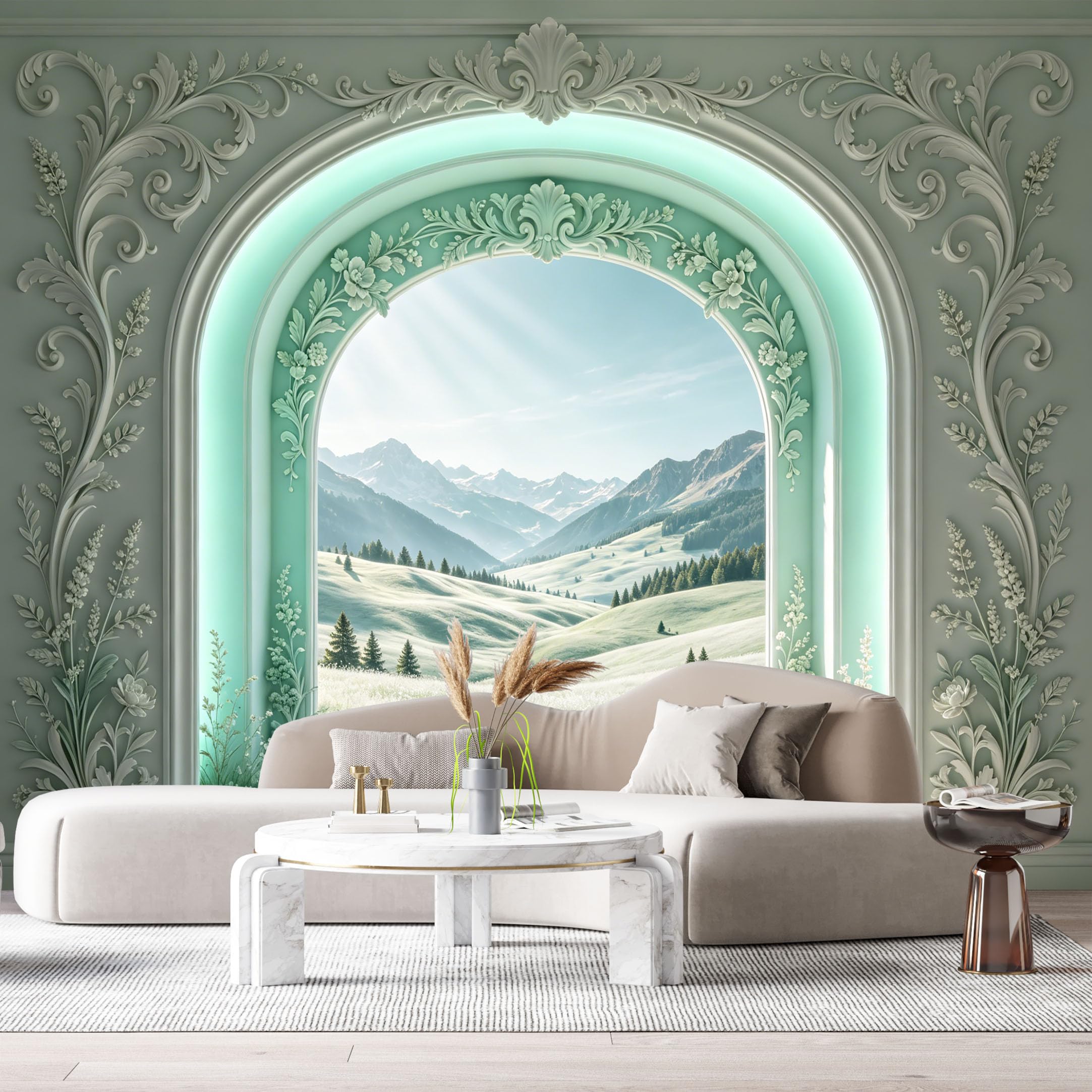 Custom Size Wall Murals Neoclassical Mountain Landscape Floral Carving 3D Trompe L'Oeil SelfAdhesiveWall Fabric Removable Wallpaper Wall Decor for Living Room Bedroom Bathroom