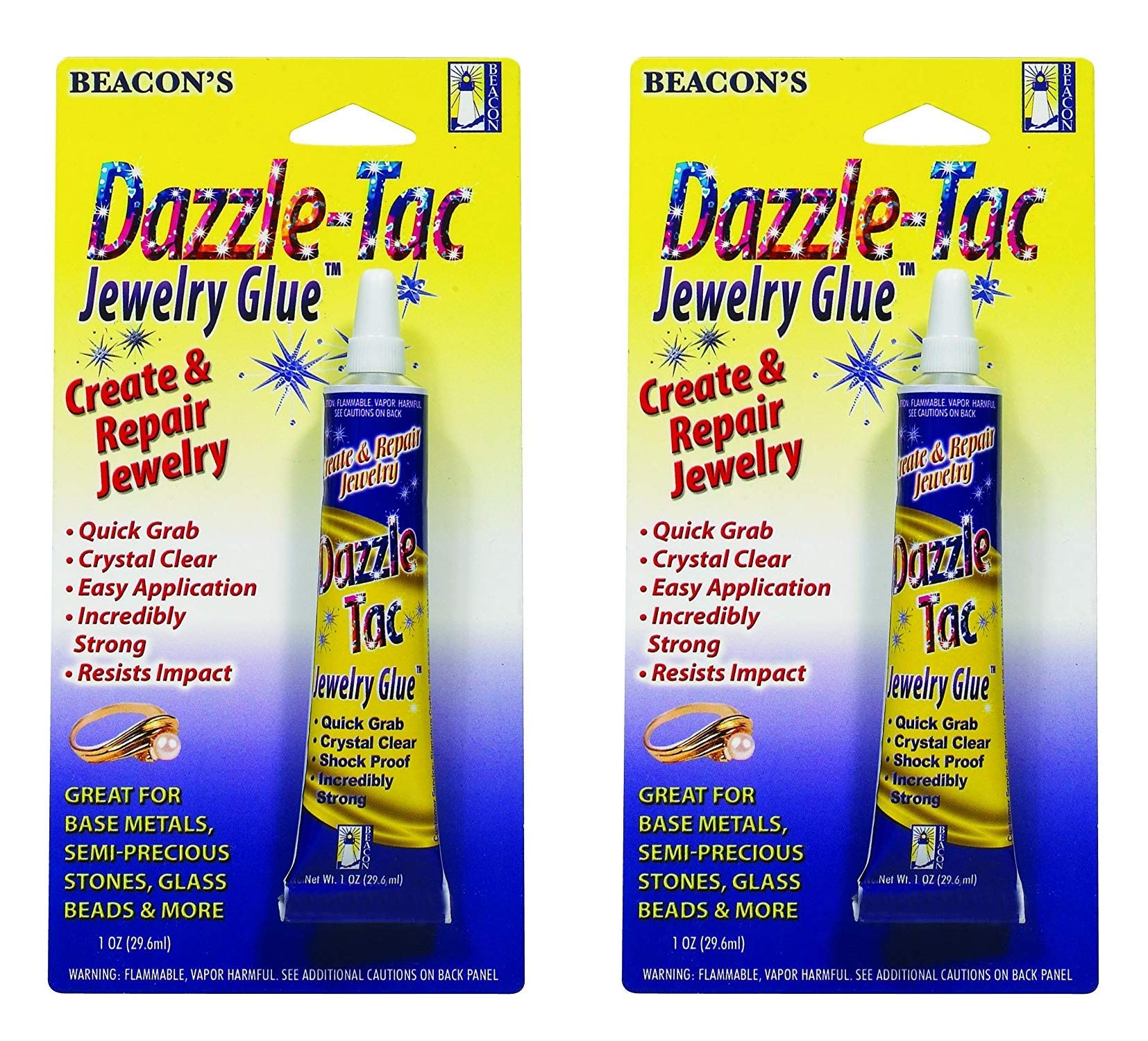 BEACON Dazzle-Tac Extra Strong Jewelry Glue - Crystal Clear, Waterproof & Shock Resistant - Perfect for Base Metals, Glass, Mirror and More, 1-Ounce,