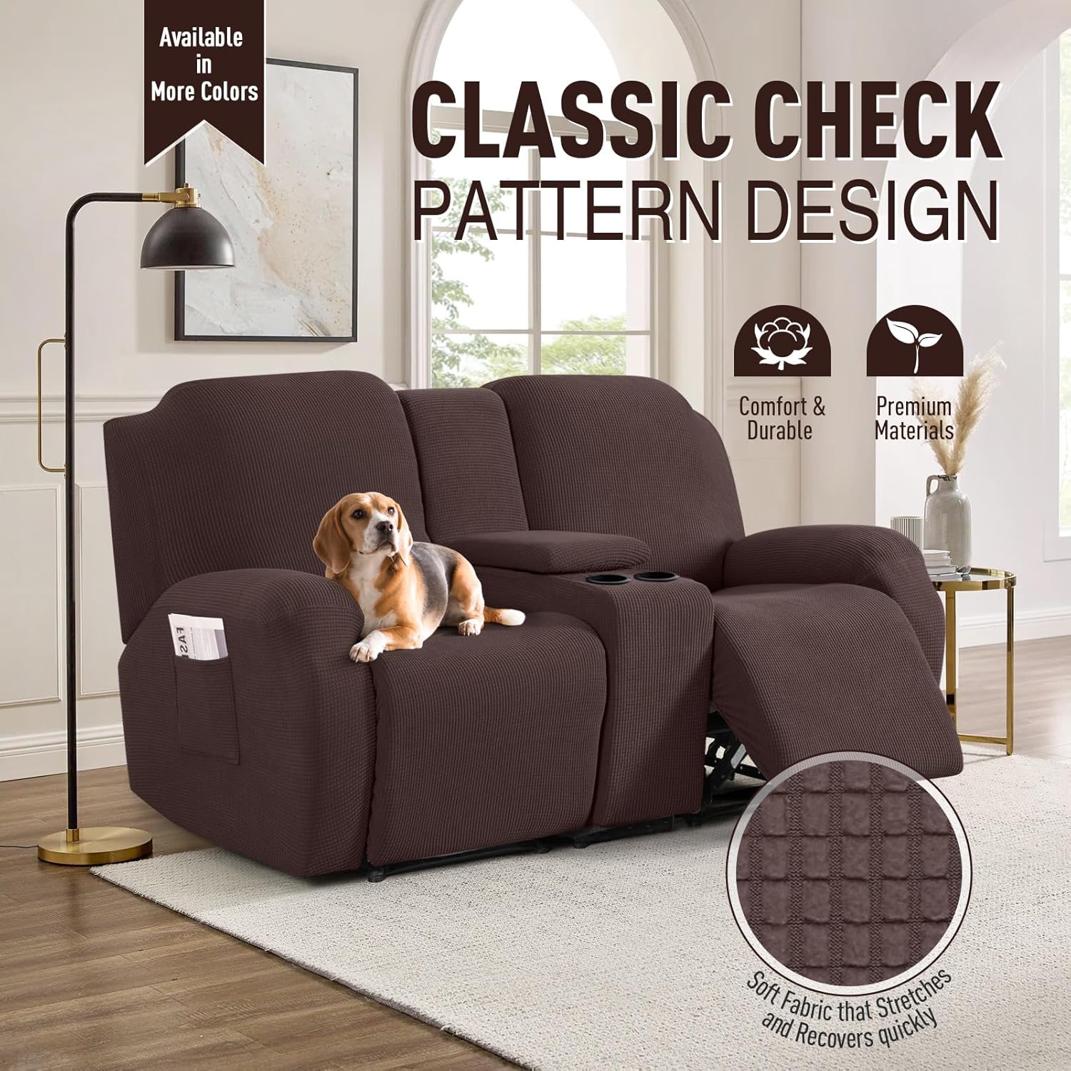 taococo loveseat recliner cover with middle console, stretch loveseat cover for 2 seat recliner couch, jacquard reclining sofa covers loveseat slipcover furniture protector, dark coffee dark coffee 2 seat with console