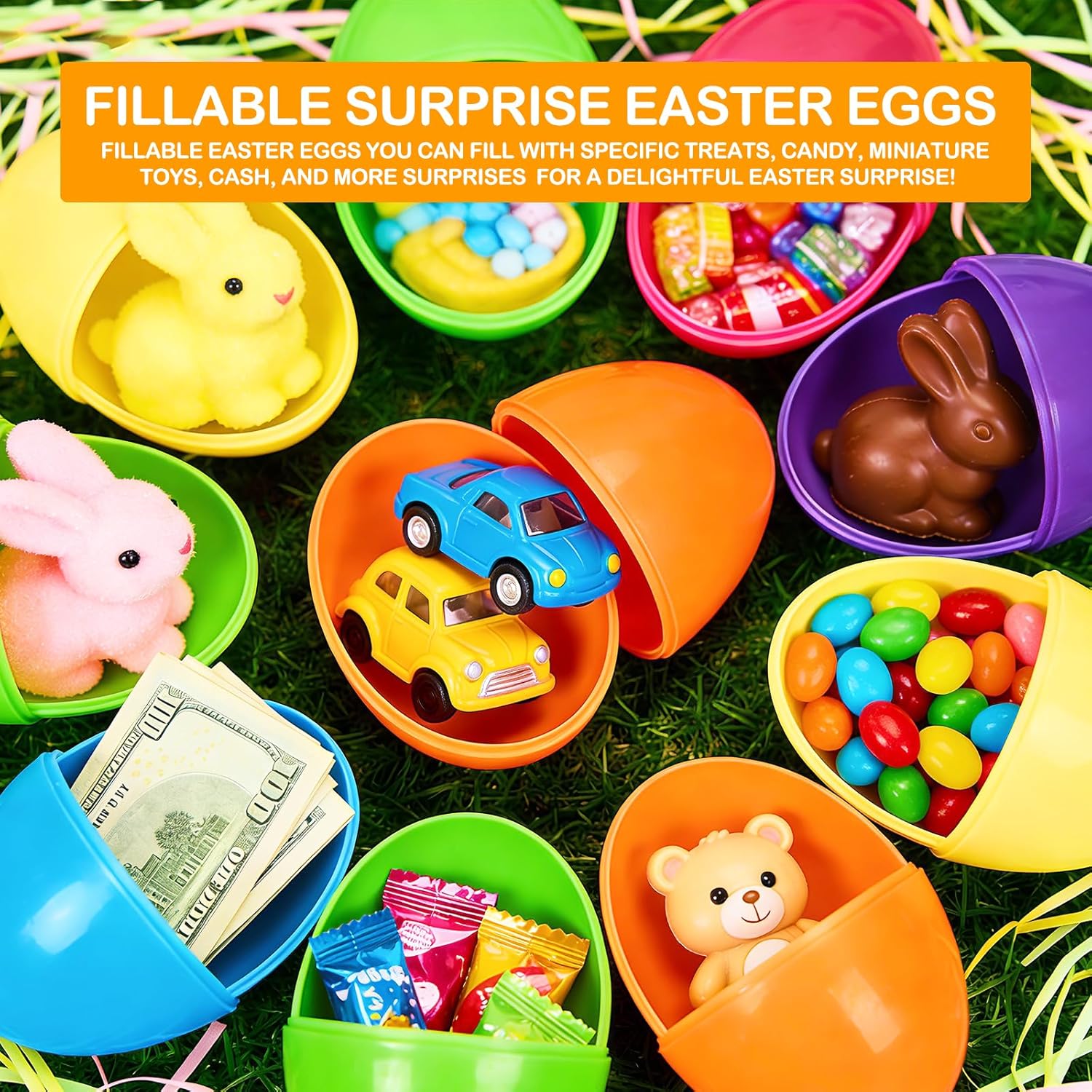 AMENON 3.1" Large Plastic Easter Eggs Bulk Easter Basket Stuffers Essentials 50 Pack Surprise Egg Empty 6 Spring Colors for Kids Toddlers Jumbo Fillable Eggs Hunt Games Party Favors Filling Treats