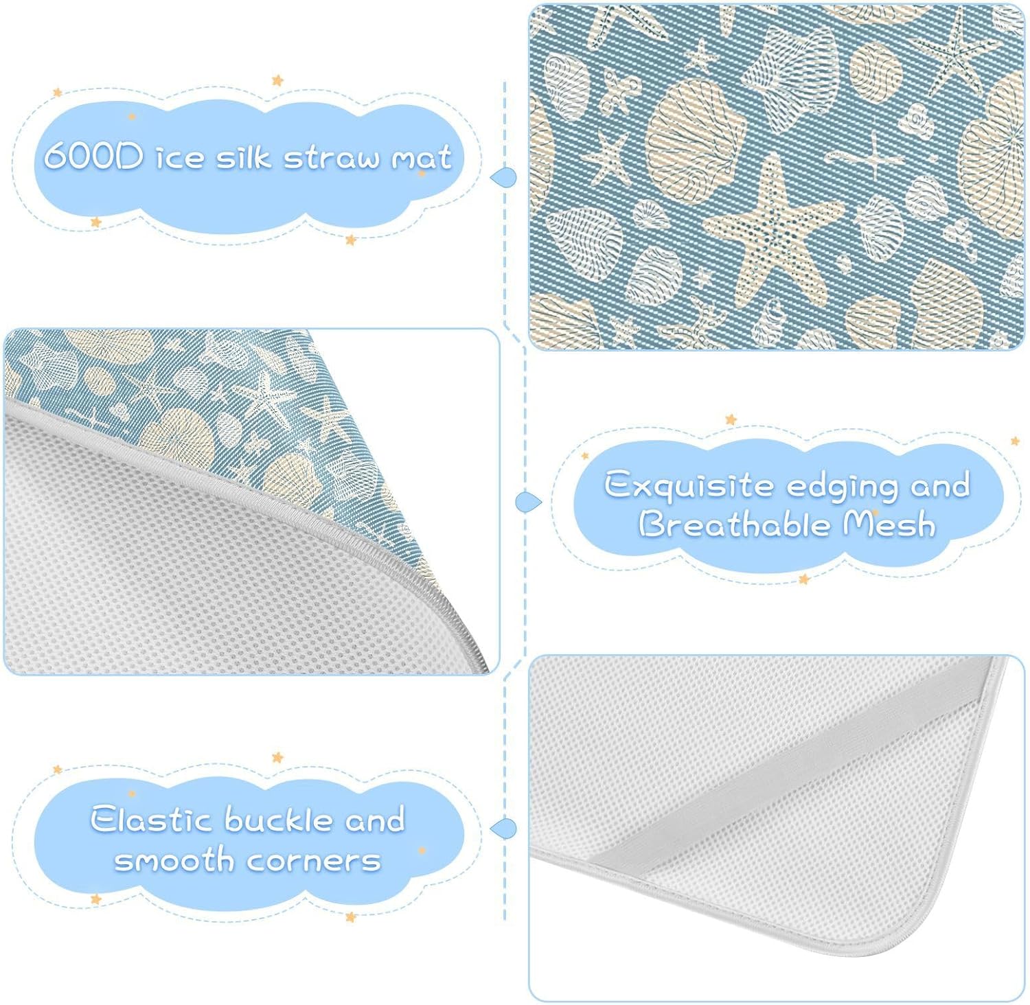 Baby Cooling Mat Boho Seashell Pattern Ice Silk Breathable Mesh Summer Crib Mattress Pad with Pillowcase, Soft Cooling Sleeping Surface for Infant & Toddler, 52"x28"