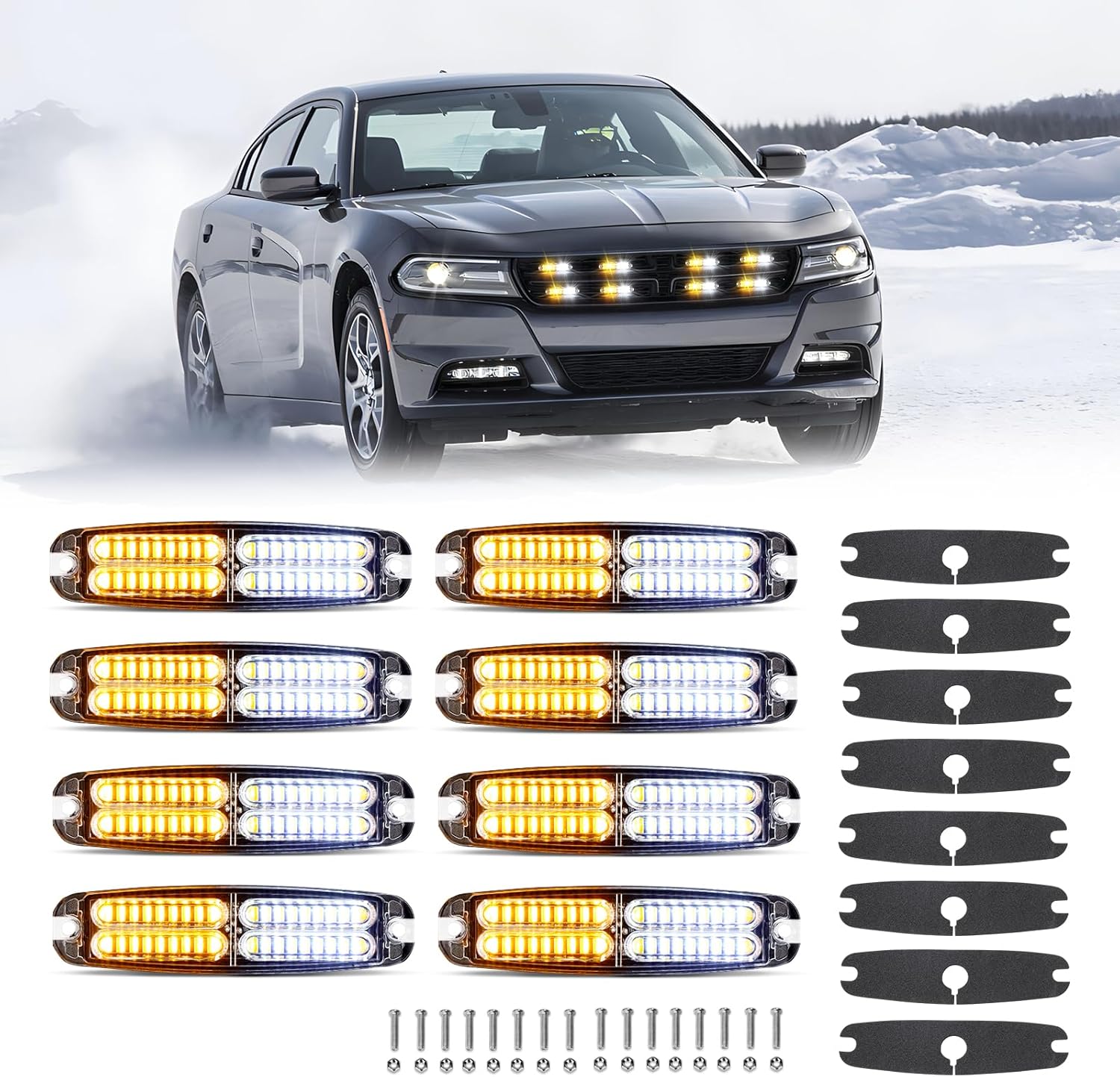 OPP ULITE Led Strobe Lights with 36pcs Led, 27 Flashing Modes, DC 10V-30V Waterproof Surface Mount Emergency Grille Grill Hazard Warning Light for Vehicles Trucks, White Amber, 8PC Pack