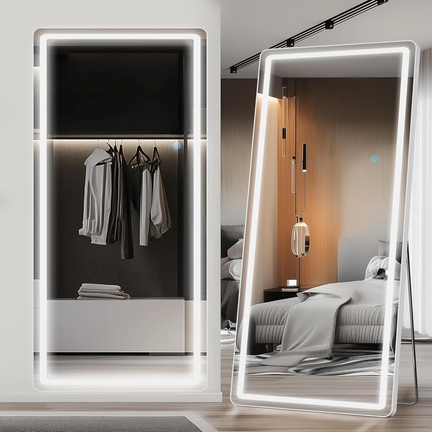 LED Full Length Mirror, 76" x 34" Oversized LED Mirror Full Length Lighted Floor Standing,Hanging Mirror Floor Mirror with Lighted Stand Free Standing Floor Mirror for Bedroom,Livingroom,Rect Style