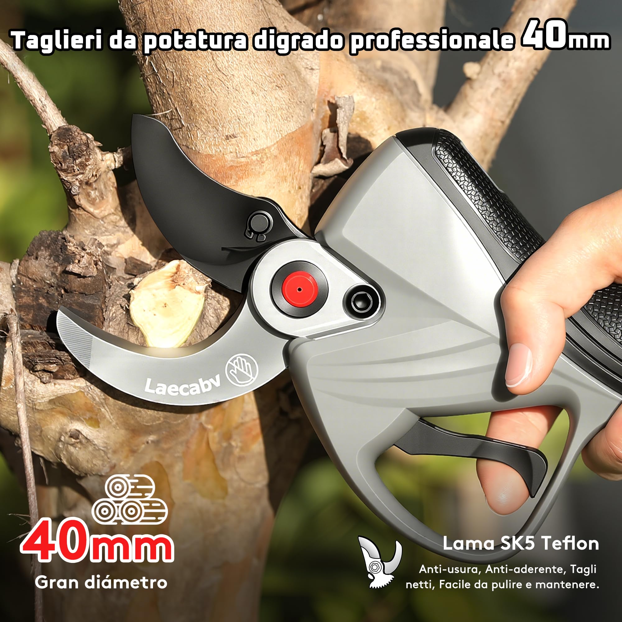 Laecabv Forbici Potatura a Batteria, 40mm Forbice Potatura a Batteria Professionali, LCD, 2 Batterie di Litio da 4Ah, Taglio Progressivo, LA40Pro