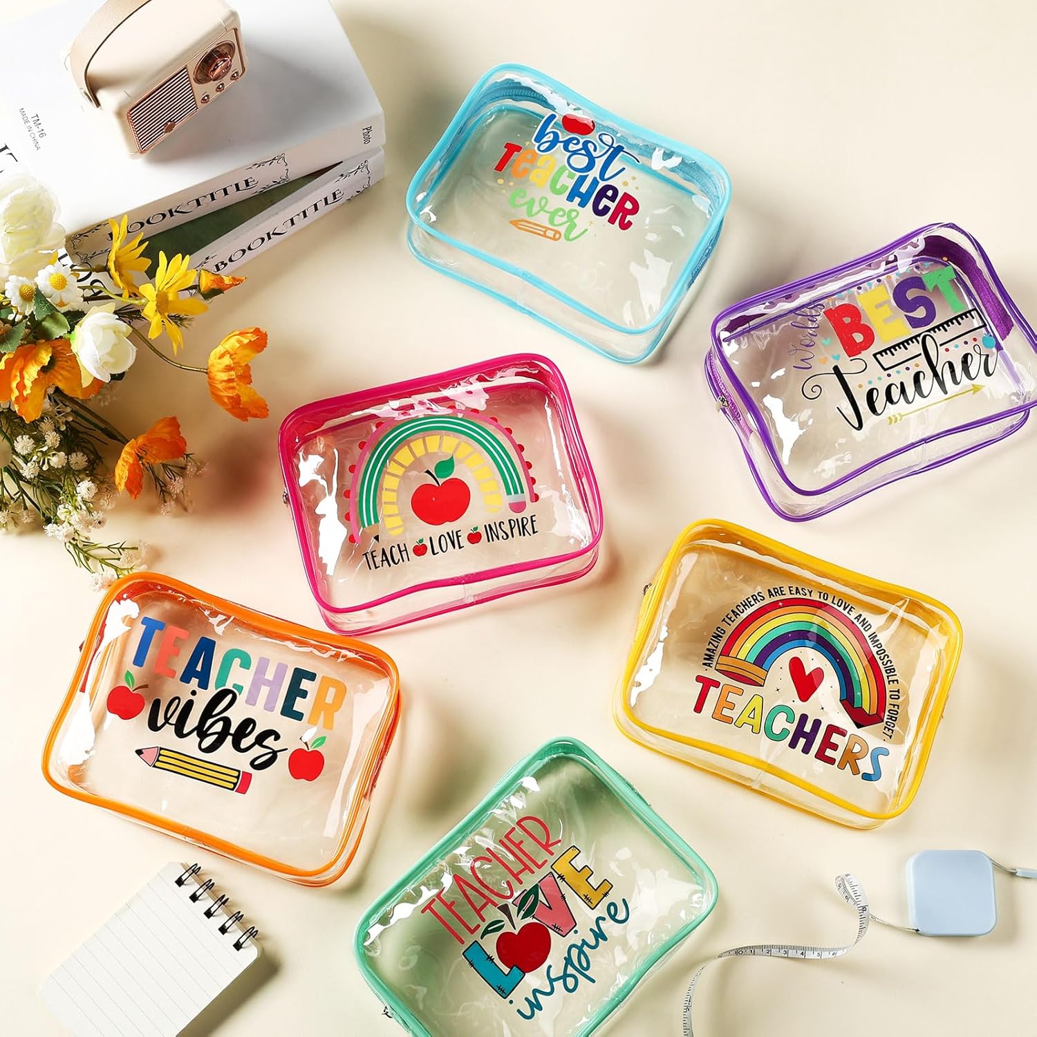 Kacctyen 12 Pcs Teacher Appreciation Makeup Bag Bulk Clear PVC Waterproof Cosmetic Pouch Teacher Appreciation Gifts Cosmetic Organizer for School Supplies