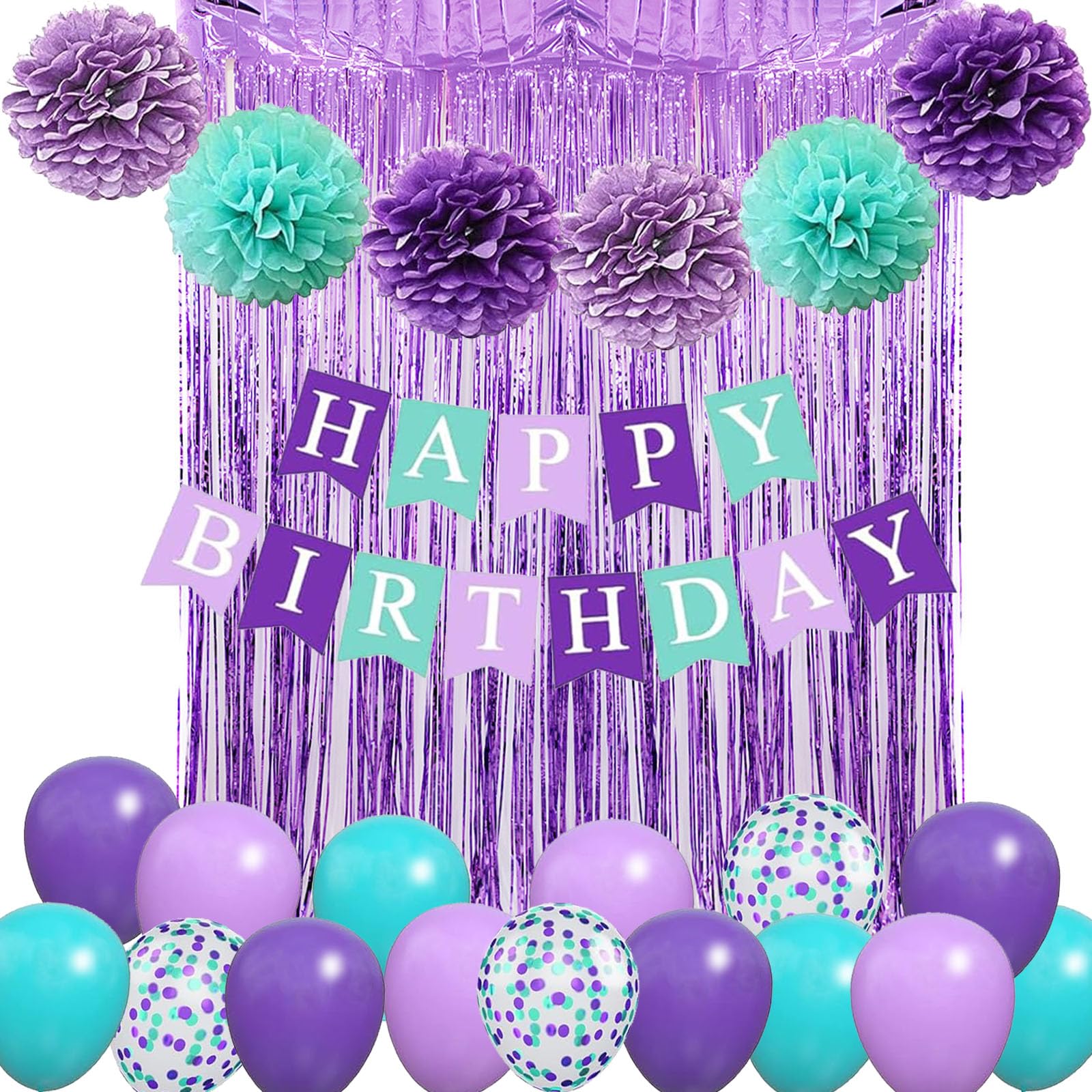 Purple Blue Party Balloons, Happy Birthday Banner, Turquoise Green Fringe Curtain Pompom for Girl Women Baby Shower Party Decoration