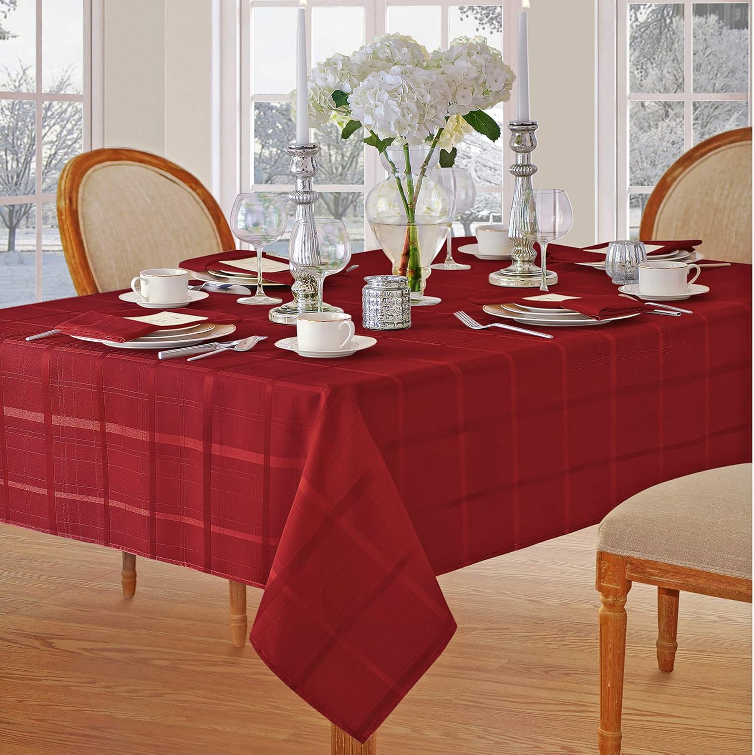Newbridge 70 Inch Round Fabric Tablecloth, Elegance Plaid, 100% Polyester, No Iron Soil Resistant Dining Room, Party and Banquet Table Cover, Solid Textured, Scarlet Red