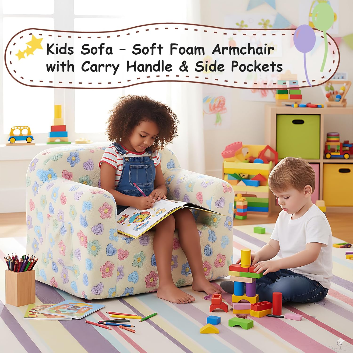 Tiita Kids Sofa, Chirldren Couch with Carrying Handle & Side Pockets, Kids Foam Chair, Toddler Armrest Chair,Kids Read Sofa for Girl Or Boy, Flower