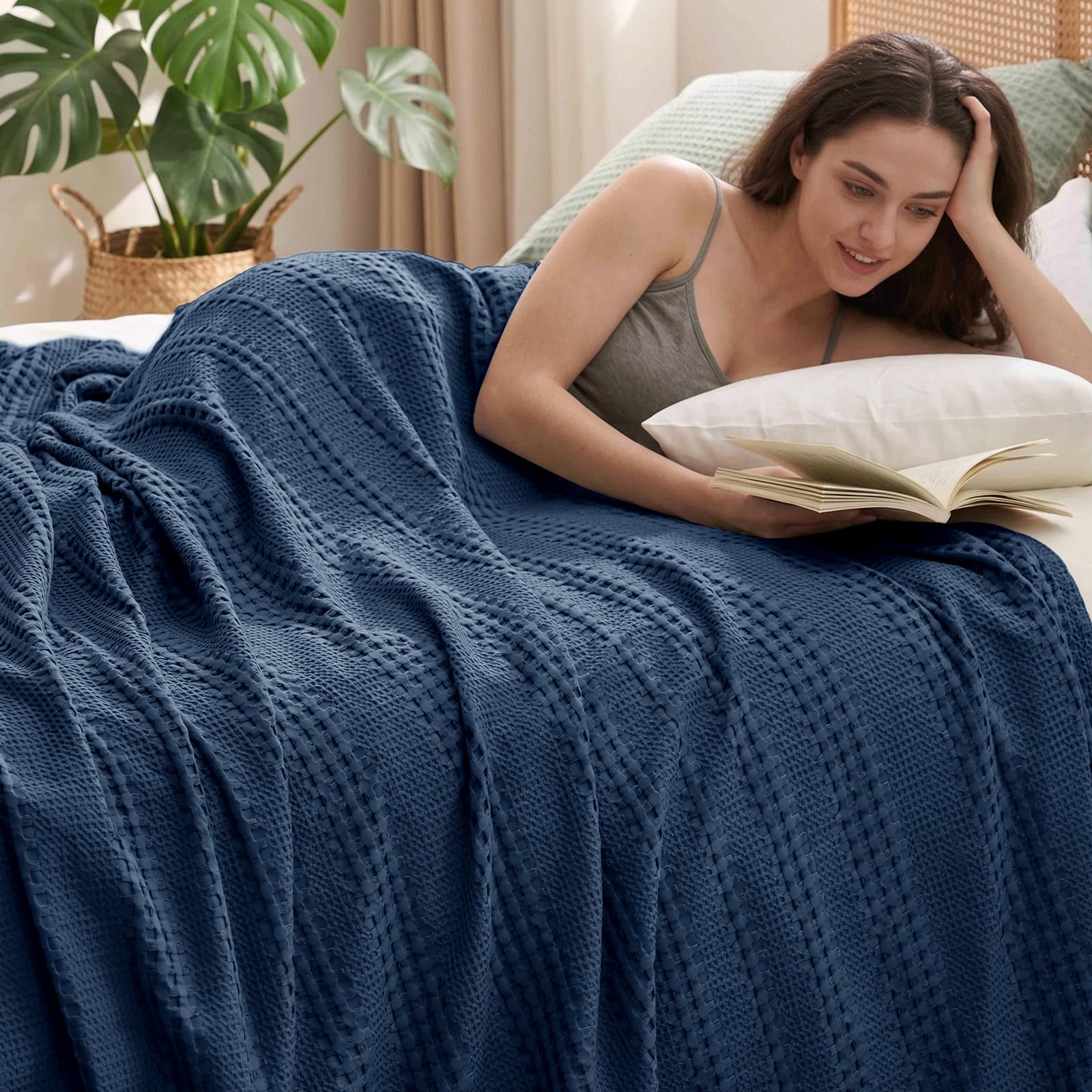 phf cooling waffle blanket king size, lightweight 60% rayon from bamboo & 40% cotton breathable blanket for hot sleepers, spring & summer use, soft luxury for bed couch sofa, 104"x90", navy blue