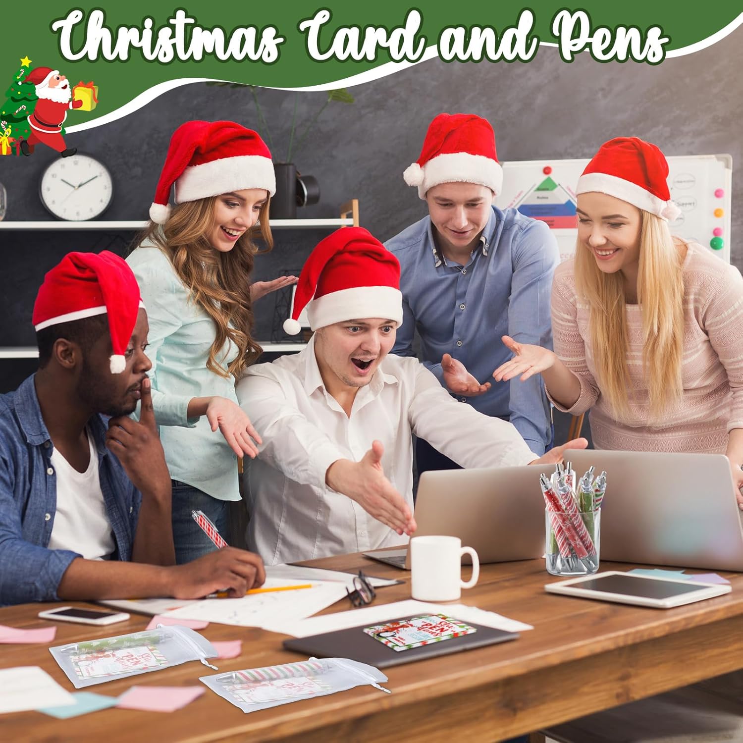 Ctosree 150 Pcs Christmas Pens Bulk Holiday Stationery Gift Set 50 Ballpoint Pens 50 Festive Cards 50 Organza Bags for Xmas Party Favors, Stocking Stuffers Gifts(Striped Style)