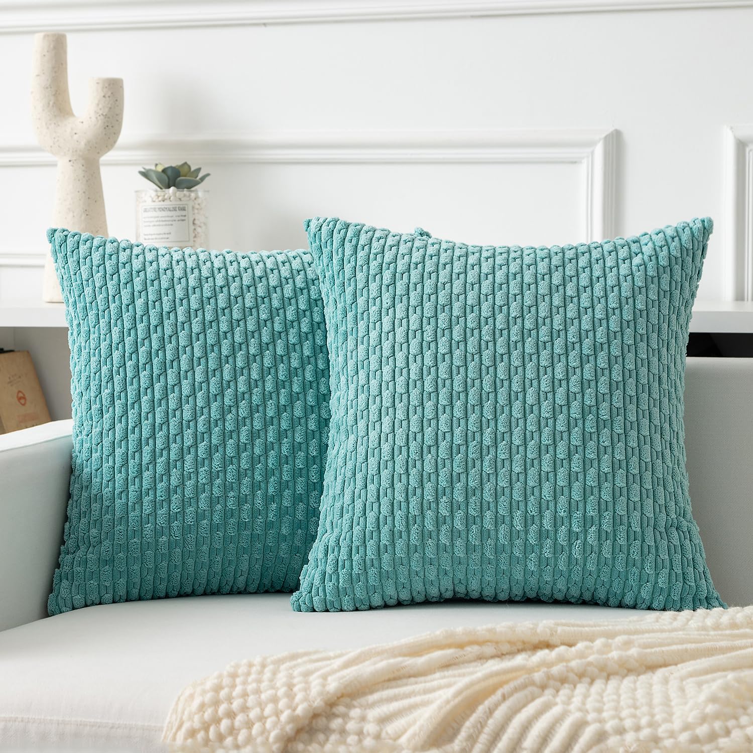 Kevin Textile スロークッションカバー ソフトコーデュロイ装飾2枚セット ボーホー ストライプ 枕カバー ファームハウス ホームデコ カウチ ベッド ソファ リビングルーム 20x20インチ アクアグリーン