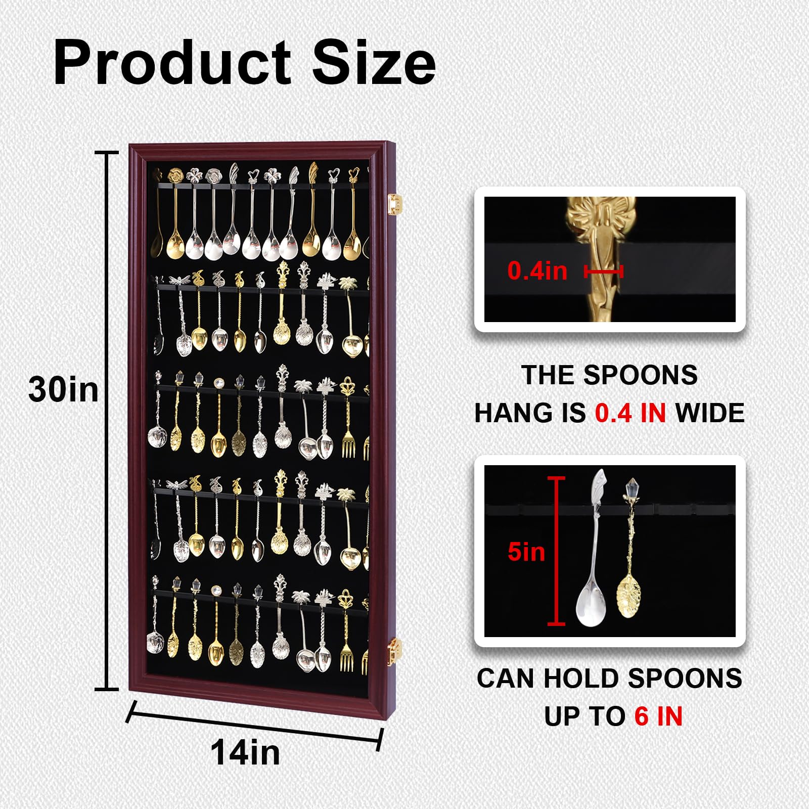 Expositor de 60 cucharas de té de recuerdo, colección de coleccionistas, soporte de pared de madera con 98% acrílico UV con cerradura (60 cucharas, cereza)