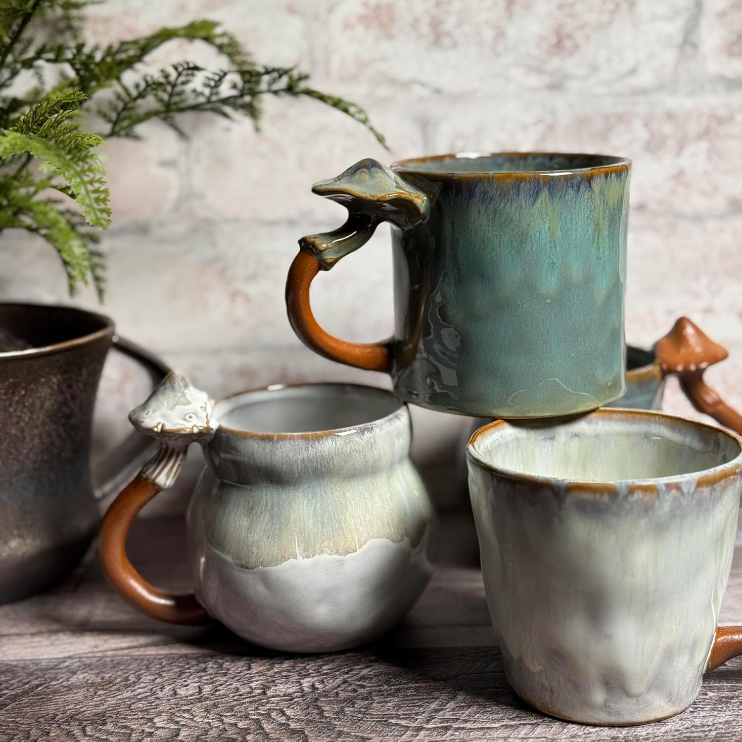 Stoneware Mugs with Mushroom Handles, Multicolor, Set of 4 Styles (Each One Unique)