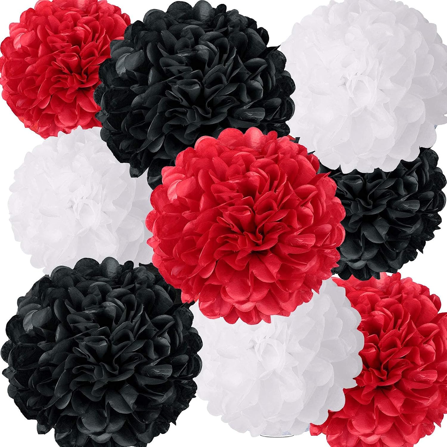 Chuangdi 24 Pieces Tissue Paper Poms Flower Ball 8 Inch and 10 Inch Paper Tissue Flower Poms Wedding Birthday Party Room Outdoor Baby Shower Decoration(Black, White and Red)