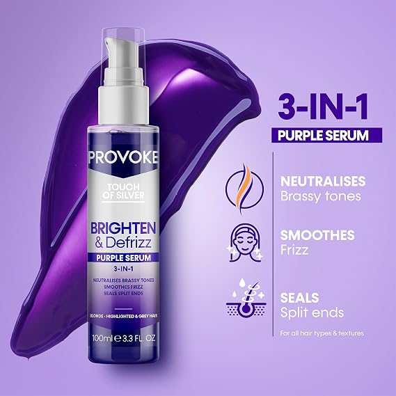 PROVOKE Touch of silver Brighten and Defrizz Purple Serum 100 ml. Neutralise Brassy Tones. Anti Frizz, Seal Split Ends. Plant-Based Keratin. Purple Pigments. For Blonde, Highlighted and Grey Hair