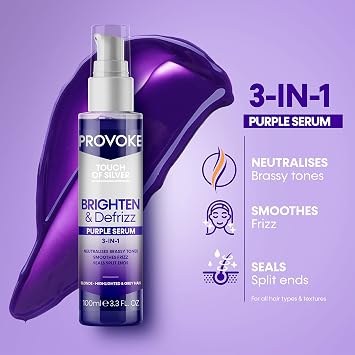 PROVOKE Touch of silver Brighten and Defrizz Purple Serum 100 ml. Neutralise Brassy Tones. Anti Frizz, Seal Split Ends. Plant-Based Keratin. Purple Pigments. For Blonde, Highlighted and Grey Hair