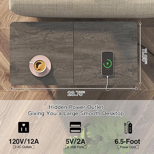 Miniatura 7 de SOOWERY Mesa auxiliar con estación de carga, mesa auxiliar estrecha con armario abatible y cajón de tela, mesitas de noche para espacios pequeños,