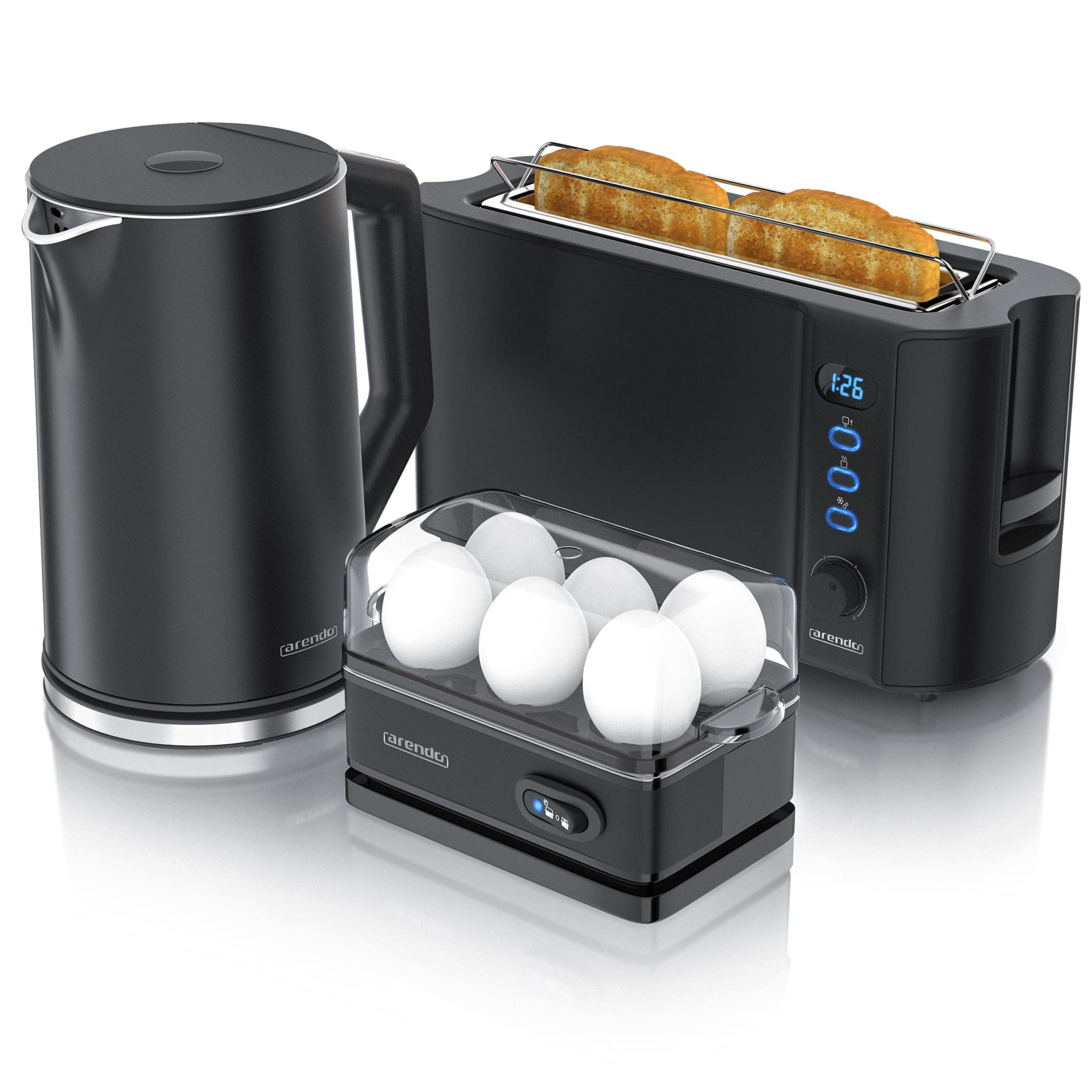 Arendo Wasserkocher Toaster Eierkocher Set Edelstahl Schwarz 1,5L 40-100°C 2 Scheiben LED 6 Bräunungsgrade 1-6 Eier BPA frei