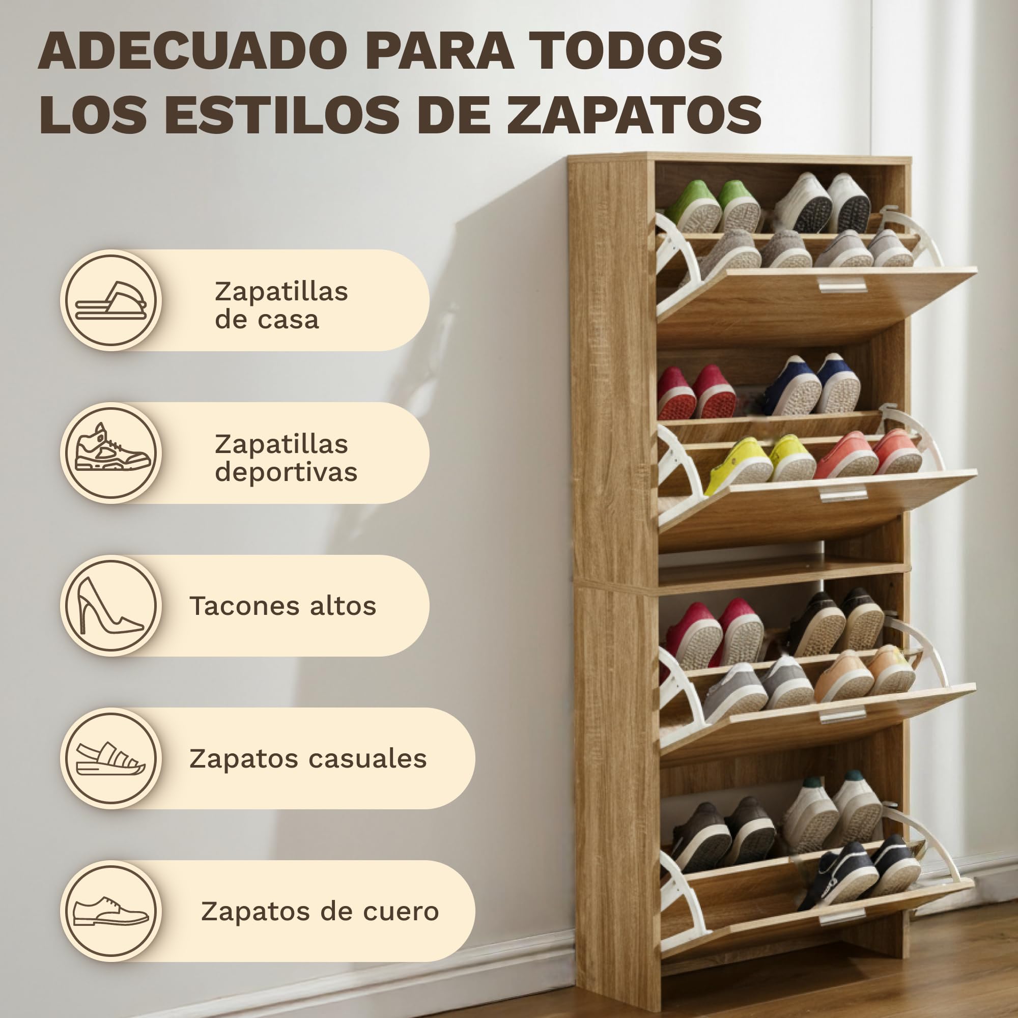 CATAVANA Zapatero Madera 24 Pares, Mueble Zapatero Entrada Recibidor con 4 Tapas, Shoe rack for bedroom, Organizador Zapatos Vertical para Pasillo, Shoe Rack Armario Calzado,60x24x150 cm, Madera Clara