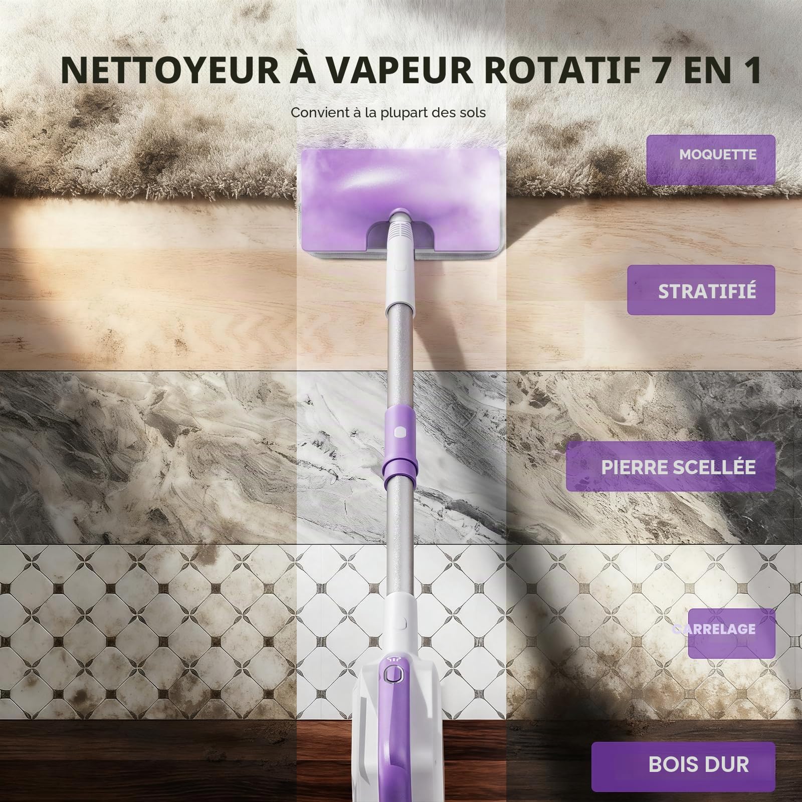 AAOBOSI Nettoyeur vapeur 1300 W - Chauffage rapide - Nettoyage avec vapeur à haute température (jusqu'à 132 °C) - Balai vapeur multifonction - Kit complet avec accessoires - Idéal pour sol, tapis