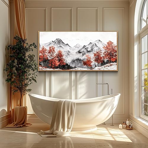 Miniatura 7 de PHAOHUAXM Lienzo decorativo de pared para sala de estar, decoración de pared grande para dormitorio, árbol rojo, tinta, paisaje de montaña, pintura