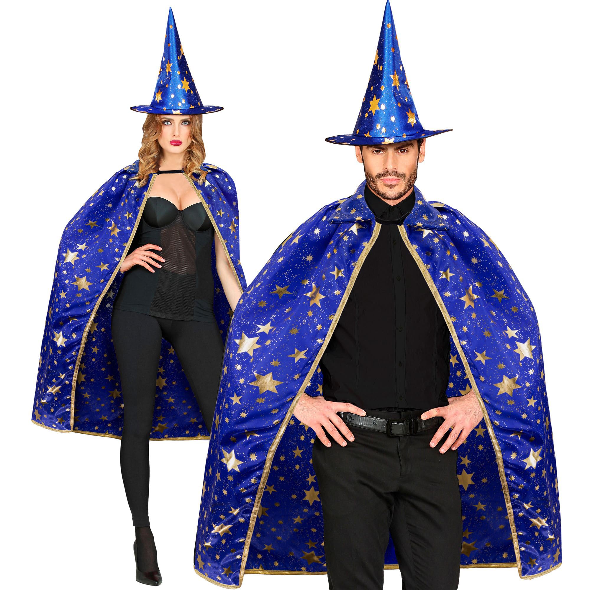 Widmann - Wizard Costume for Adults Cape (85 cm) with Hat, Magician, Witch, Blue