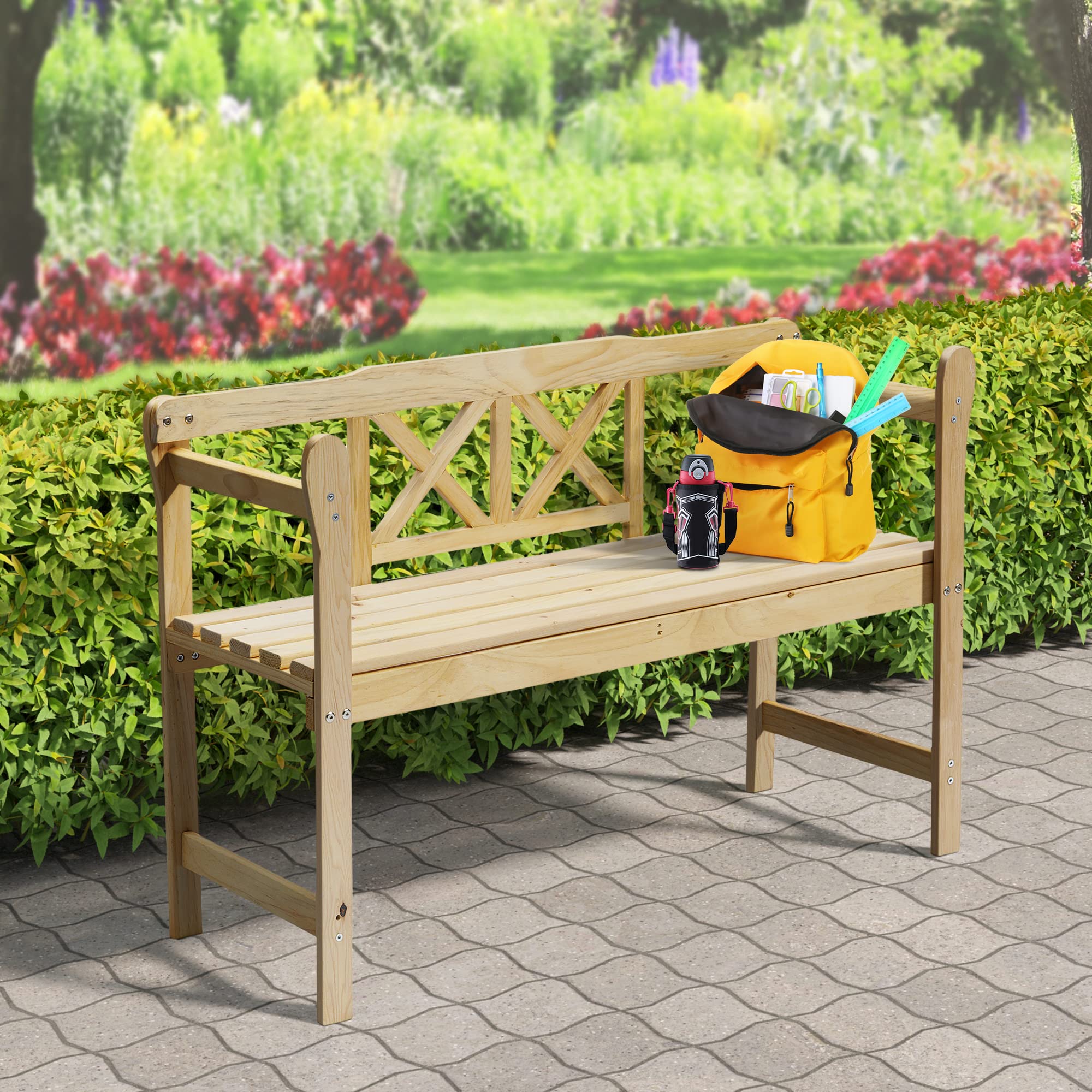 vicatova Wooden Garden Bench, 2 Person Wood Outdoor Bench with X-Shaped Back and Armrest, Front Porch Chair Bench for Porch, Yard, Park, Lawn