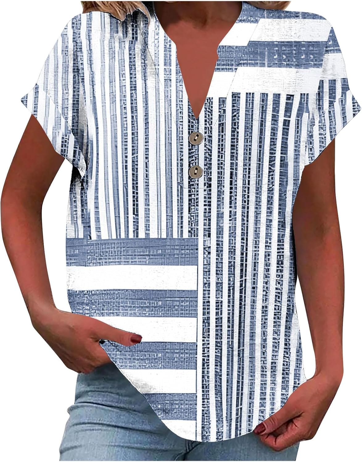 Casual Striped Linen Tops for Women Short Sleeve Button Down V Neck T Shirts Soft Summer Vacation Shirt