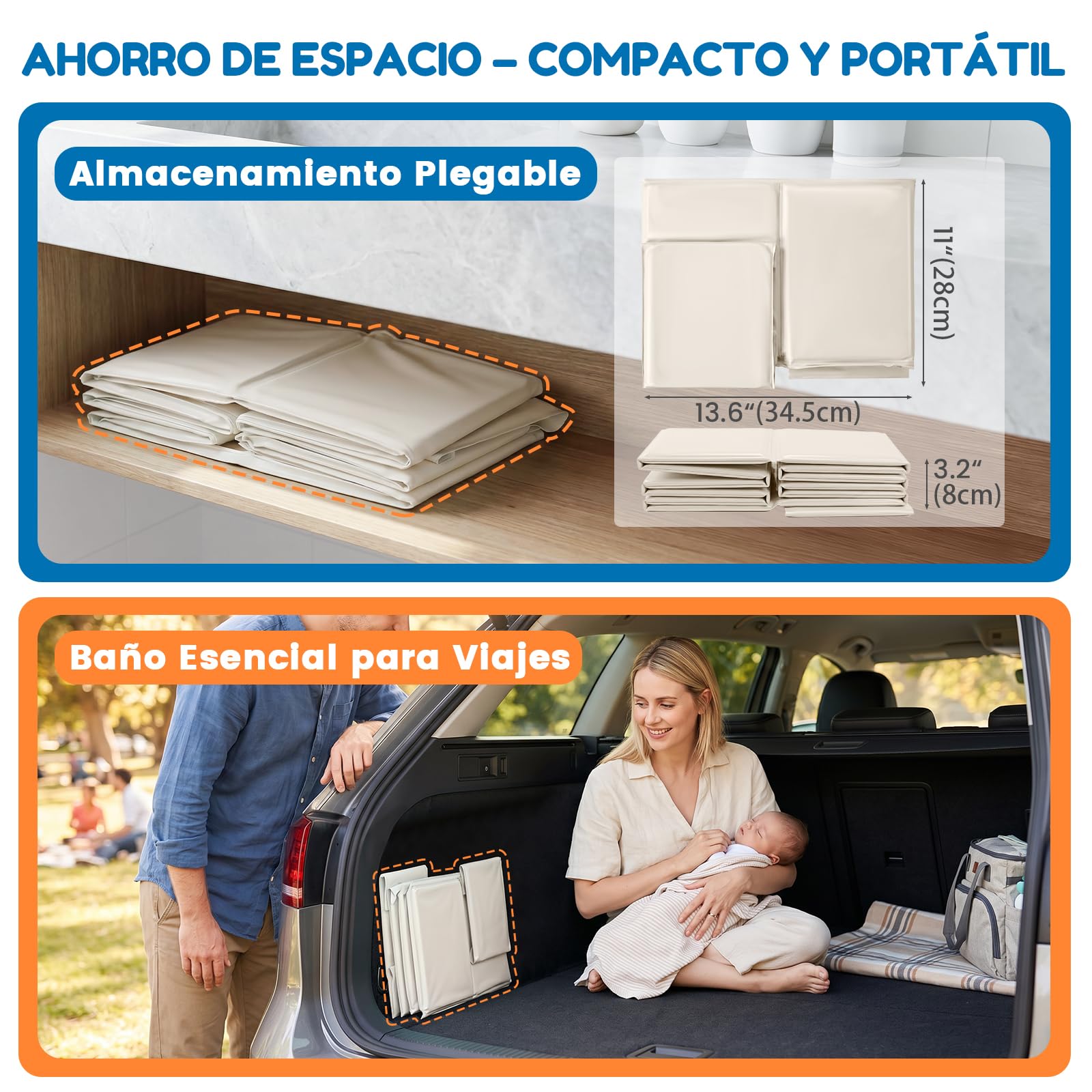 Orzbow Bañera Bebe Plegable, Bañeras para Bebes con Borde Superior Inflable, Bañera Portatil Bebe para Niños de 6 Meses a 6 Años, Estable y Duradera,Fácil de Limpiar, No Requiere Montaje, Blanco crema