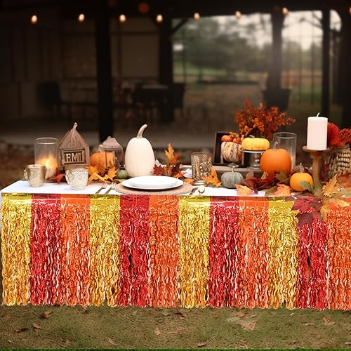 Miniatura 4 de Mega-L - Decoraciones de fiesta de otoño, paquete de 2 faldas de mesa con flecos metálicos ondulados de oropel para mesa rectangular y redonda,