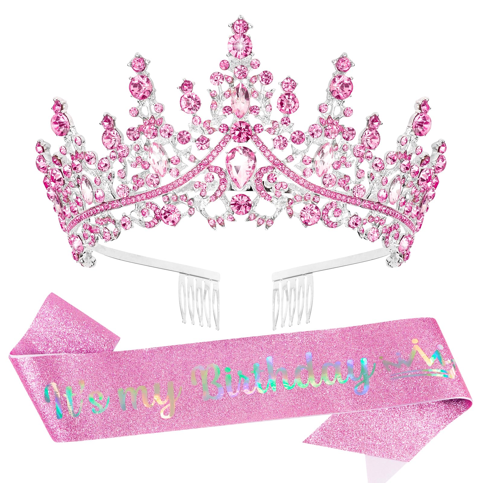 VELSCRUN Pink Crystal Birthday Tiara Crowns for Women Girls It's My Birthday Sash Queen Girls Princess Crown with Combs Happy Birth Party Decorations