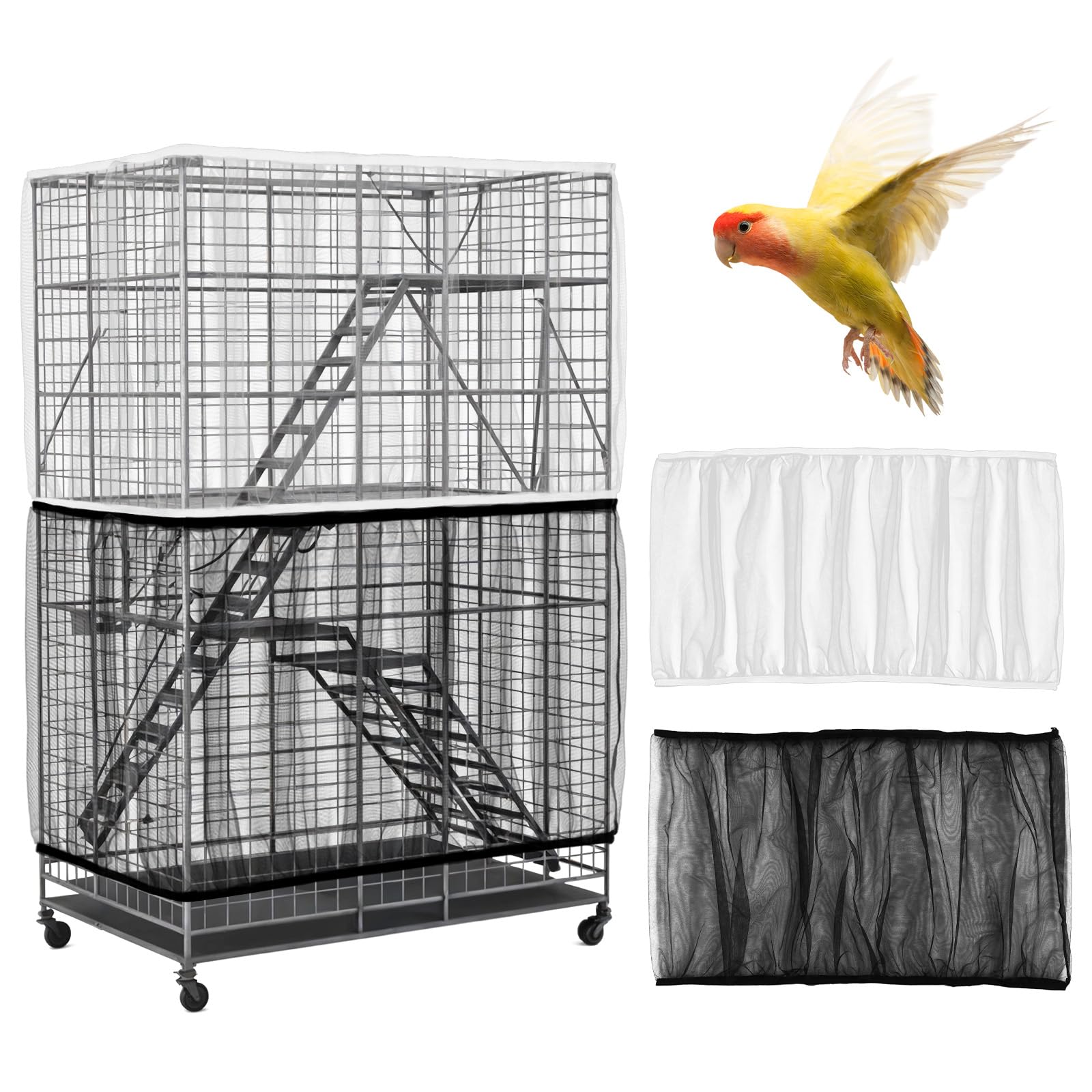 2Pcs Bird Cage Seed Catcher, Adjustable White Bird Cage Net Birdcage Cover Skirt Nylon Mesh Netting, Stretchy Birds Cages Guard for Parrot Parakeet Macaw African Any Cages Cover