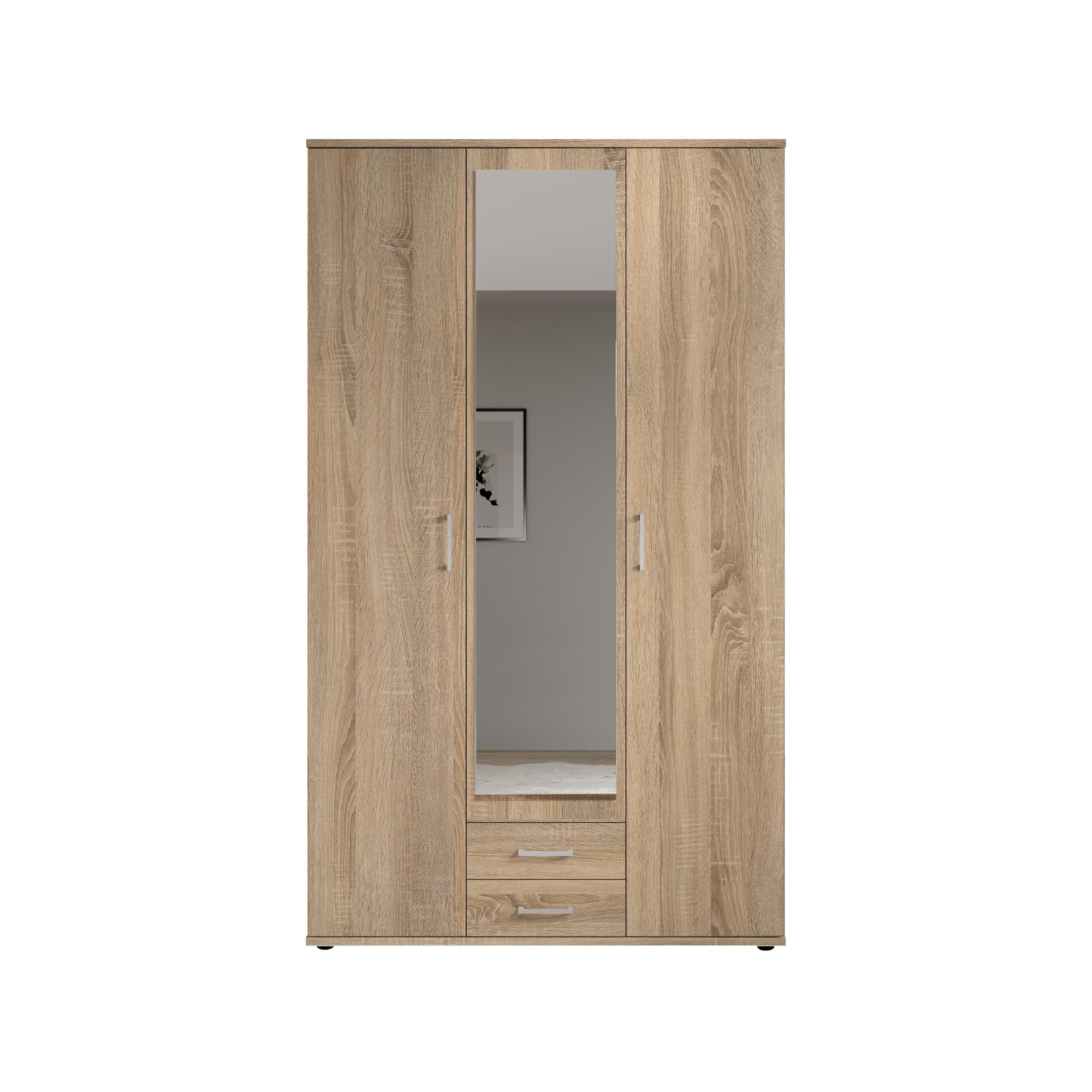 KARL Eleganter 3-türiger Kleiderschrank mit viel Stauraum - Mehrzweckschrank Sonoma Eiche mit Spiegeltür - 120 x 195 x 55 cm